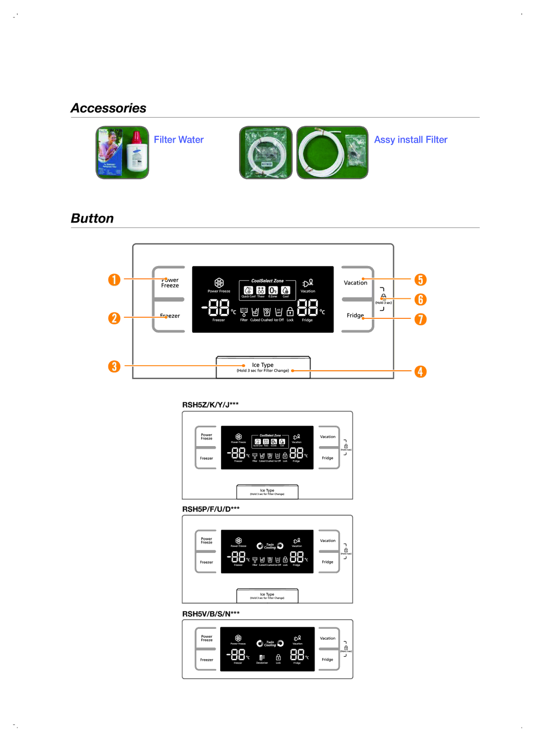 Samsung RSH5UTTS1/XEE, RSH5ZEPN1/XEG, RSH5PTPN1/EUR, RSH5TERS1/XES, RSH5UTPN1/XEO, RSH5TEPN1/XEG manual Accessories, Button 