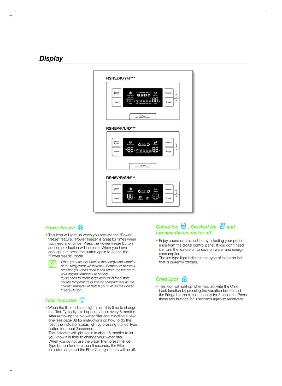 Samsung RSH5ZEPN1/XEG, RSH5PTPN1/EUR, RSH5ZLBG1/XEO, RSH5UTPN1/XEO, RSH5PTSW1/XEG, RSH5PTPN1/XEO manual Display, Power Freeze 