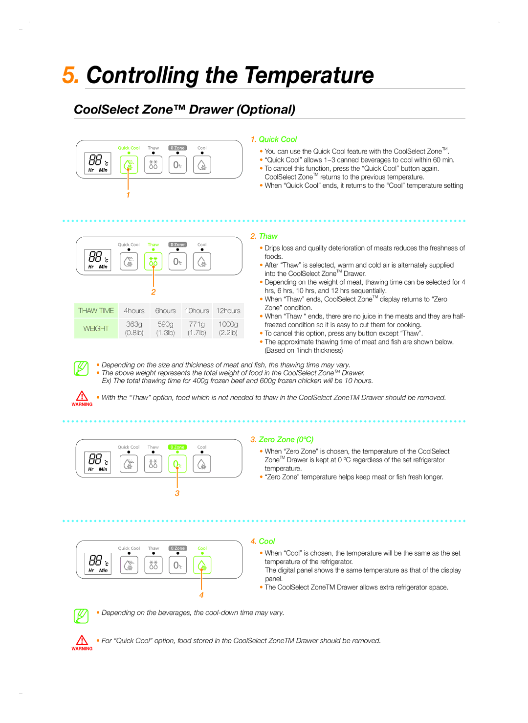 Samsung RSH5ZLBG1/XEO, RSH5ZEPN1/XEG, RSH5PTPN1/EUR manual Controlling the Temperature, CoolSelect Zone Drawer Optional 