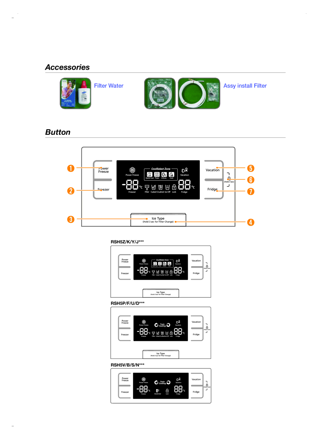 Samsung RSH5ZERS1/XEO, RSH5ZEPN1/XEG, RSH5PTPN1/EUR, RSH5ZLBG1/XEO, RSH5UTPN1/XEO, RSH5PTSW1/XEG manual Accessories, Button 