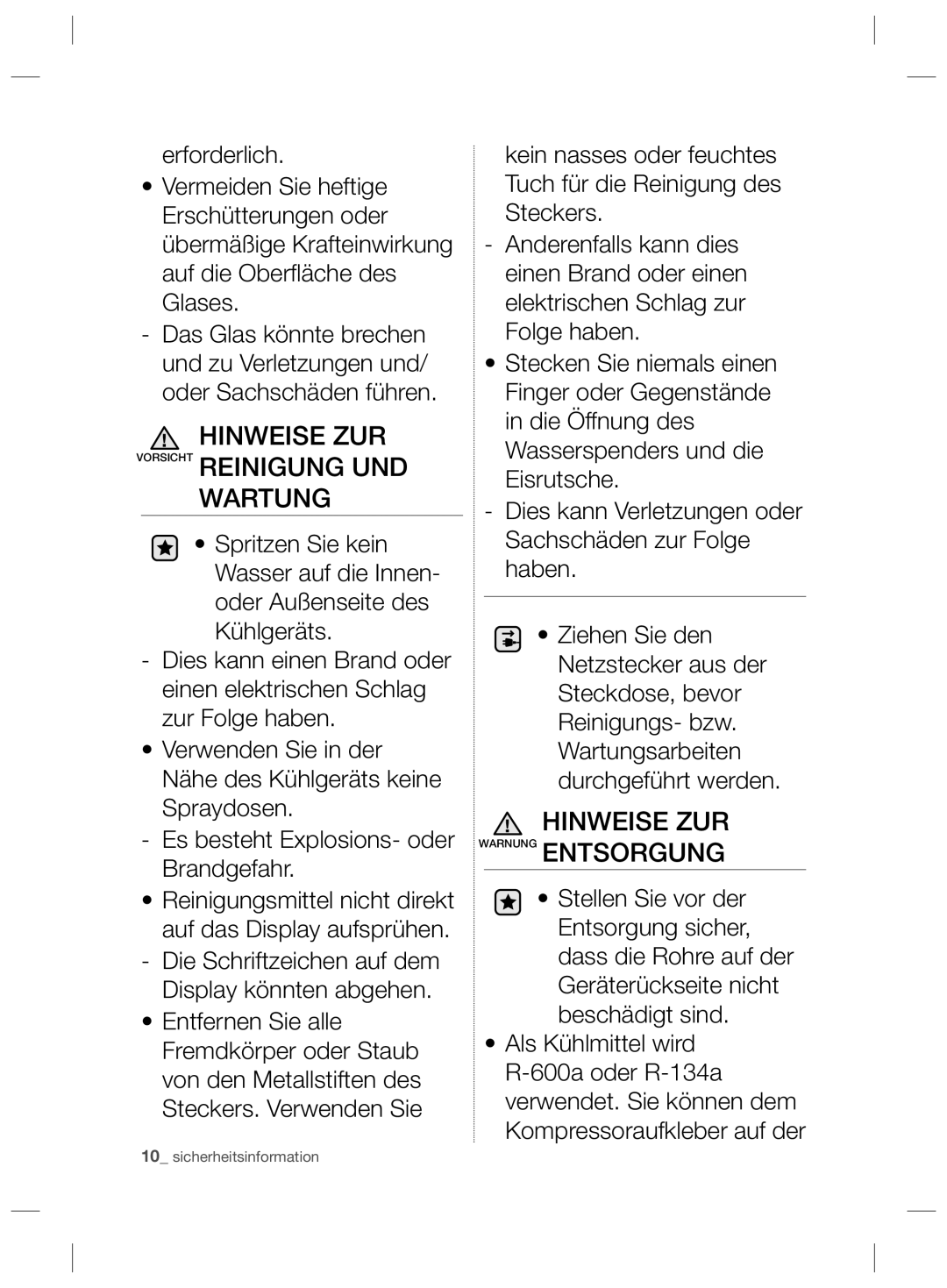 Samsung RSH5PTTS1/XEG, RSH5ZEPN1/XEG manual Hinweise ZUR Vorsicht Reinigung UND Wartung, Hinweise ZUR Warnung Entsorgung 