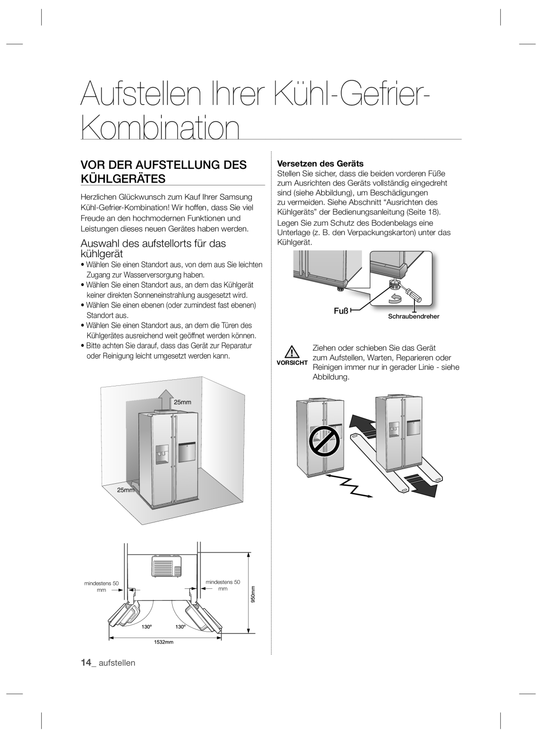 Samsung RSH5UUPN1/XTR manual VOR DER Aufstellung DES Kühlgerätes, Auswahl des aufstellorts für das kühlgerät, Abbildung 