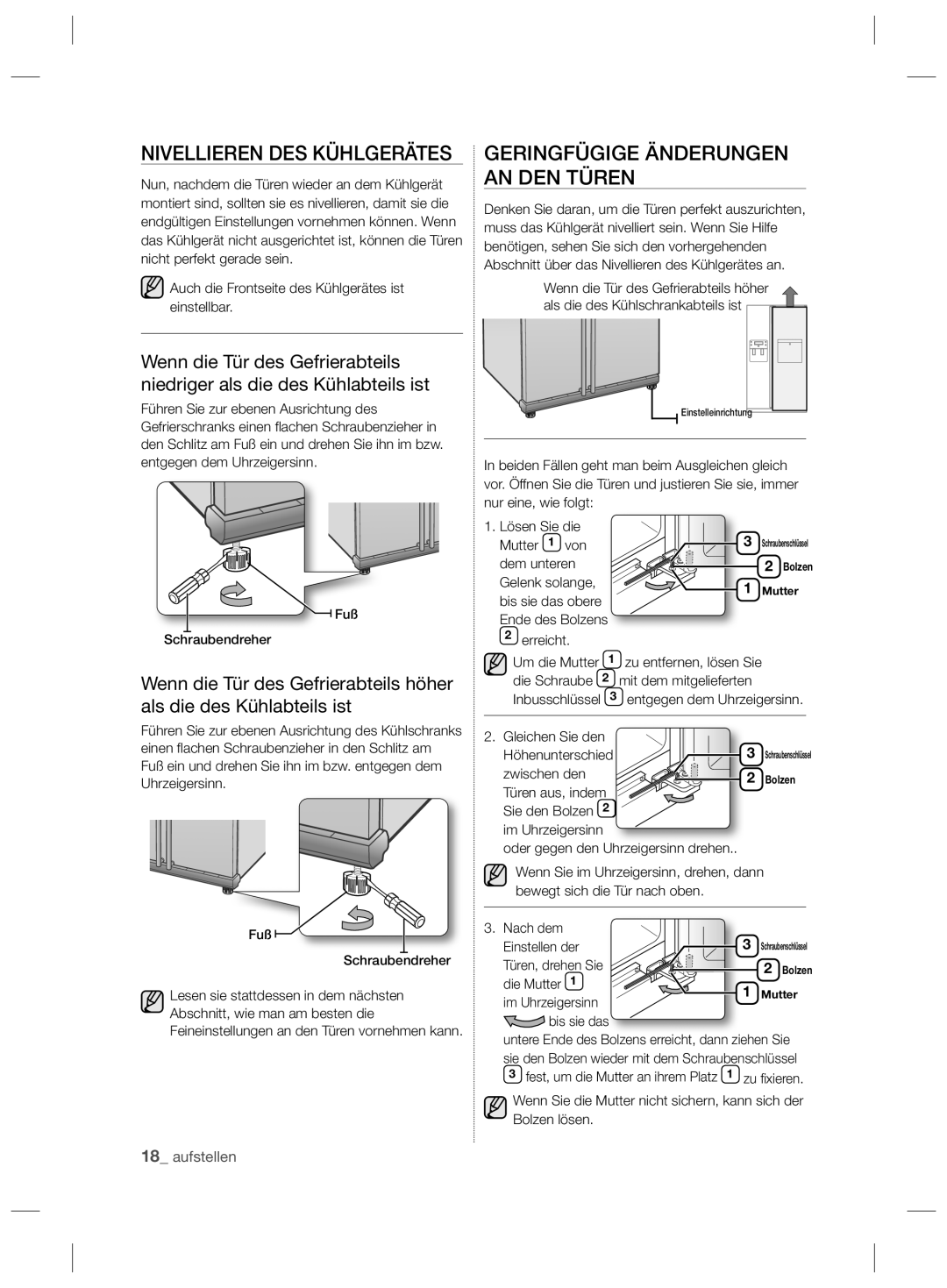 Samsung RSH5TERS1/XEF, RSH5ZEPN1/XEG, RSH5TERS1/XES manual Nivellieren DES Kühlgerätes, Geringfügige Änderungen AN DEN Türen 