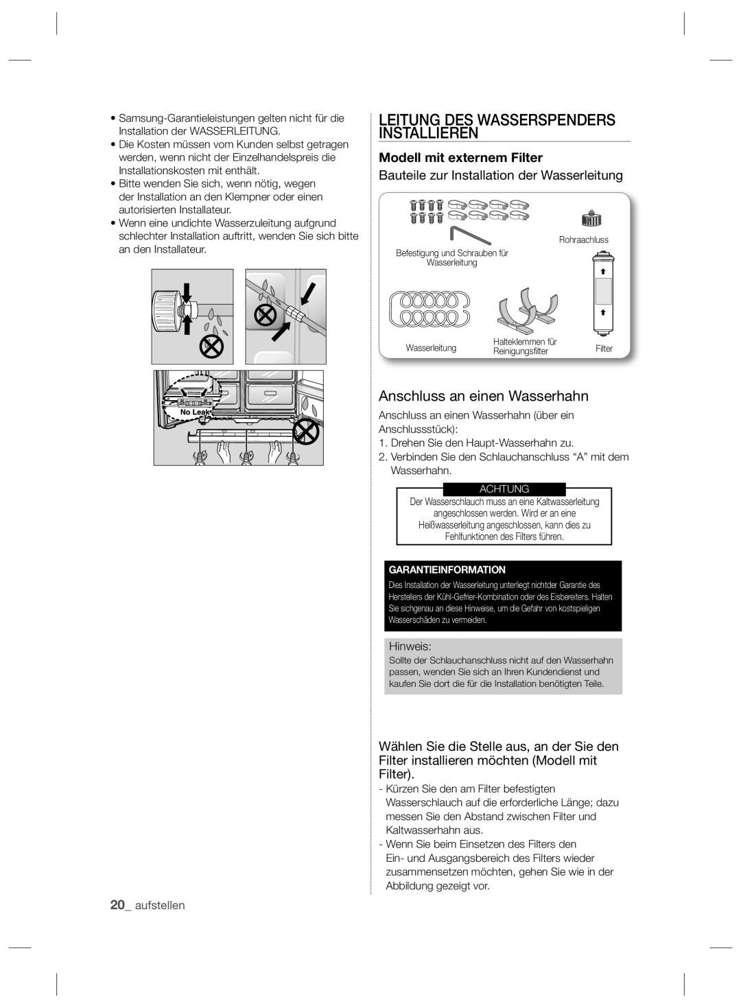 Samsung RSH5TERS1/XES, RSH5ZEPN1/XEG, RSH5TEPN1/XEG, RSH5PUPN1/XEG, RSH5PTTS1/XEF manual Anschluss an einen Wasserhahn, Hinweis 