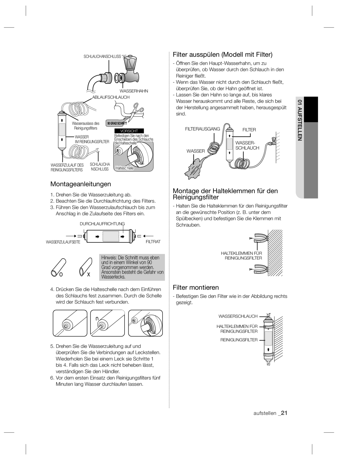 Samsung RSH5TEPN1/XEG, RSH5ZEPN1/XEG manual Filter ausspülen Modell mit Filter, Montageanleitungen, Filter montieren 