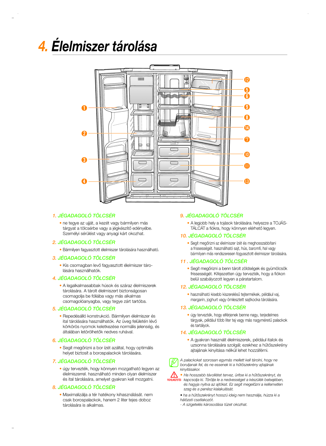 Samsung RSH5ZLBG1/XEO, RSH5PTSW1/XEG, RSH5PTPN1/XEO, RSH5ZL2A1/XEO manual Élelmiszer tárolása, JÉgaDagoLÓ tÖLCsÉr 