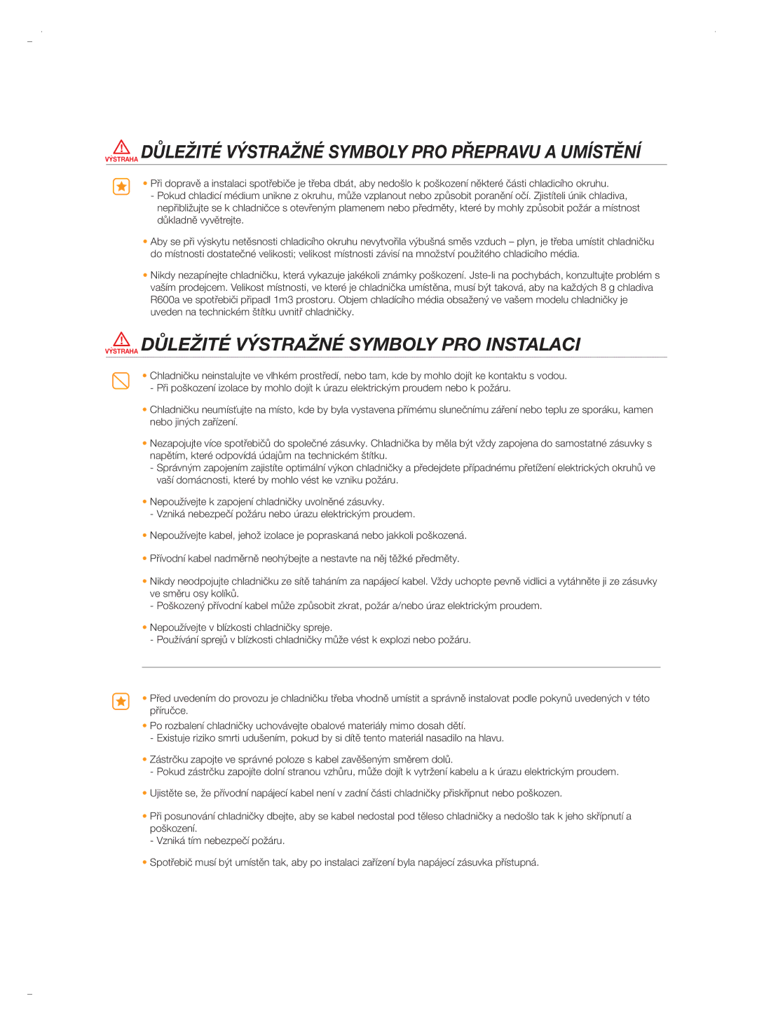 Samsung RSH5ZLBG1/XEO, RSH5UTPN1/XEO, RSH5ZL2A1/XEO manual Výstraha Důležité Výstražné Symboly PRO Přepravu a Umístění 