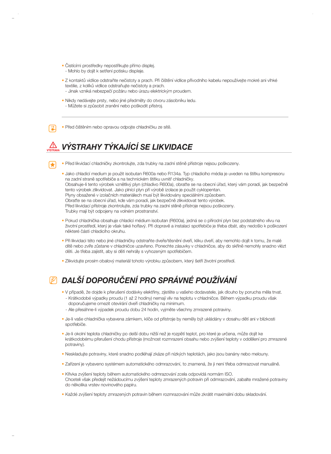 Samsung RSH5UTPN1/XEO, RSH5ZLBG1/XEO manual Výstraha Výstrahy Týkající SE Likvidace, Další Doporučení PRO Správné Používání 