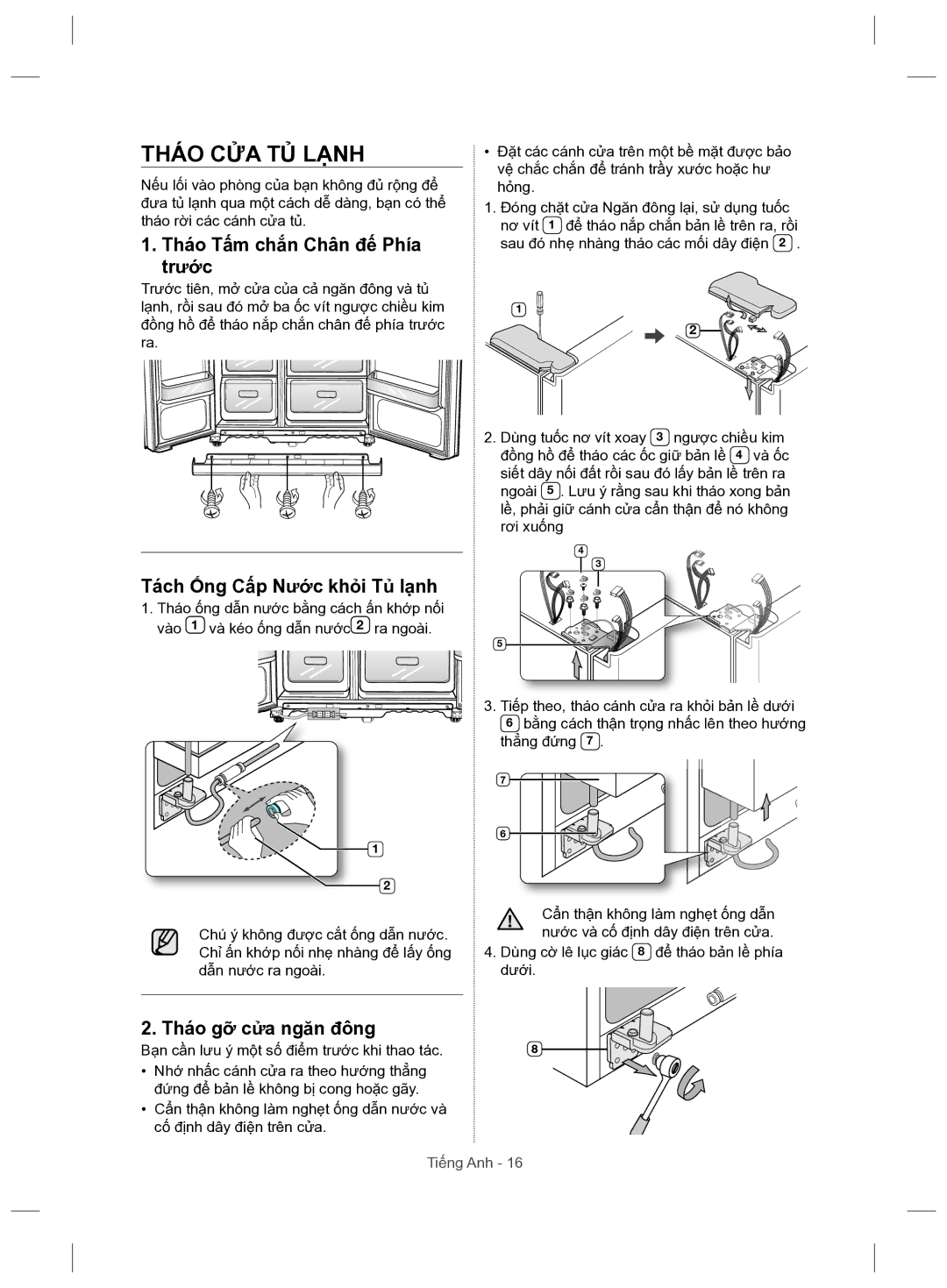 Samsung RSH5ZLMR1/XSV manual Tháo CỬA TỦ Lạnh, Tháo Tấm chắn Chân đế Phía trước, Tách Ống Cấp Nước khỏi Tủ lạnh 