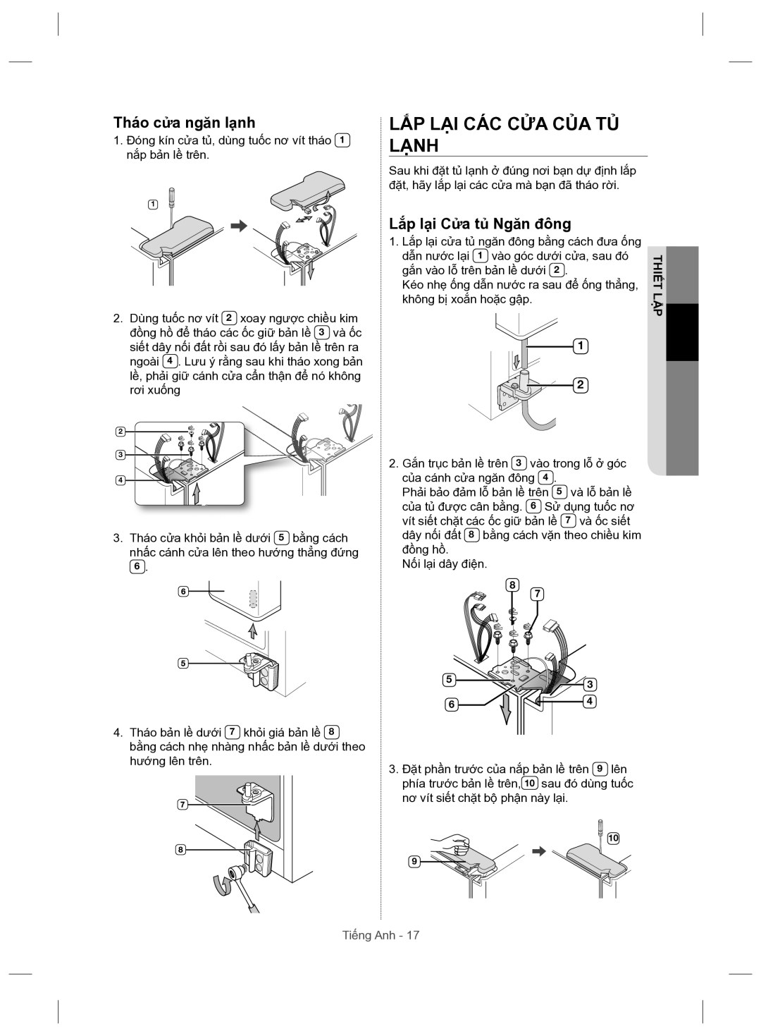 Samsung RSH5ZLMR1/XSV manual LẮP LẠI CÁC CỬA CỦA TỦ Lạnh, Tháo cửa ngăn lạnh, Lắp lại Cửa tủ Ngăn đông 