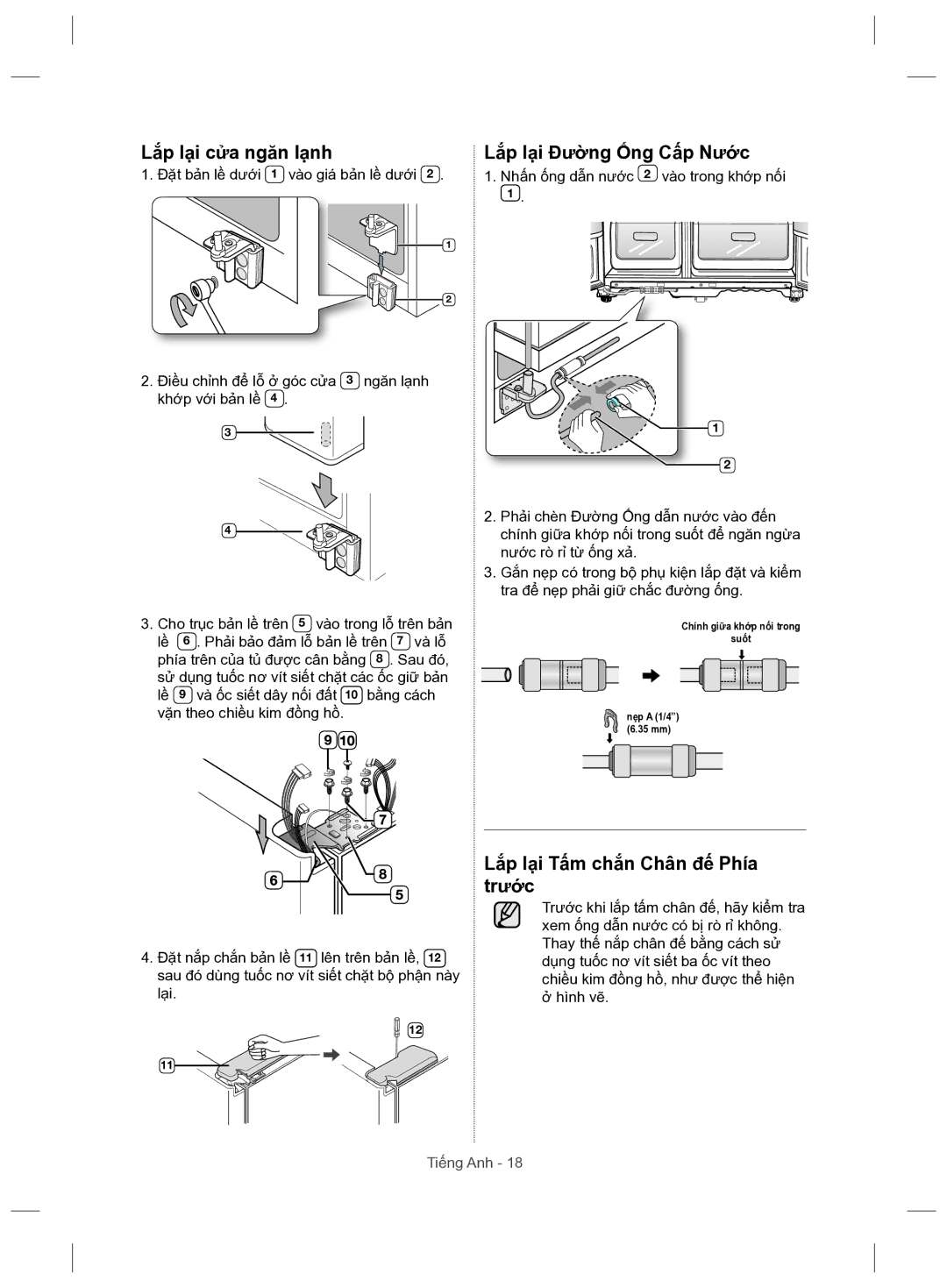 Samsung RSH5ZLMR1/XSV manual Lắp lại cửa ngăn lạnh Lắp lại Đường Ống Cấp Nước, Lắp lại Tấm chắn Chân đế Phía trước 