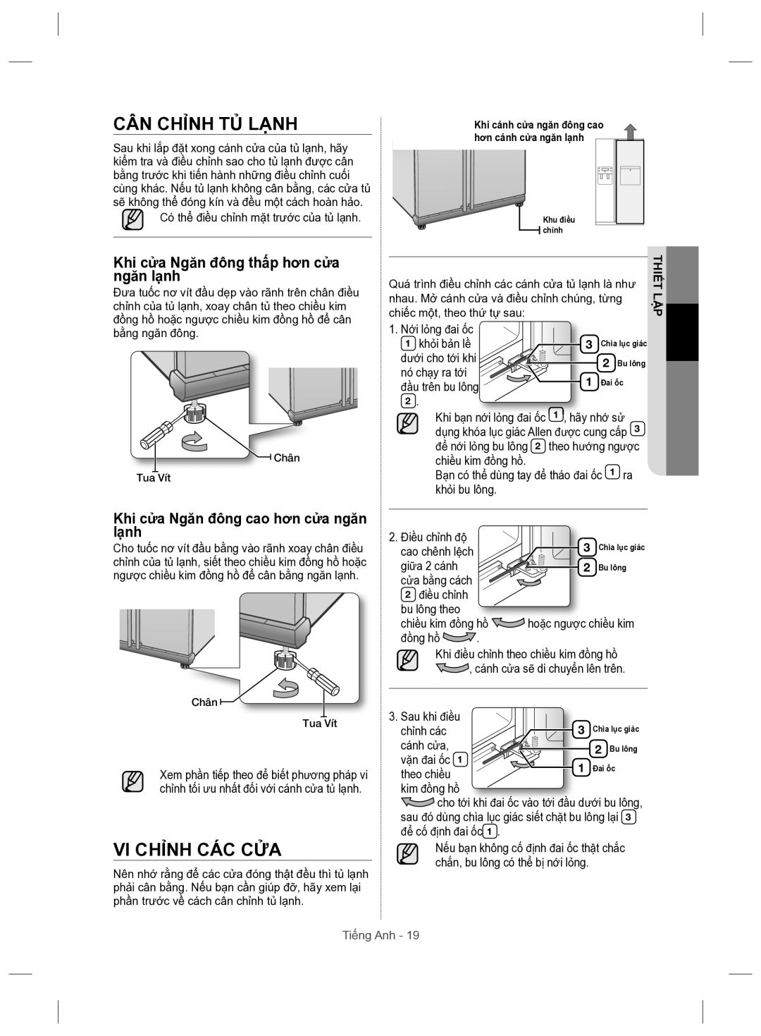 Samsung RSH5ZLMR1/XSV manual CÂN Chỉnh TỦ Lạnh, VI Chỉnh CÁC CỬA, Khi cửa Ngăn đông thấp hơn cửa ngăn lạnh, Thiết LẬP 