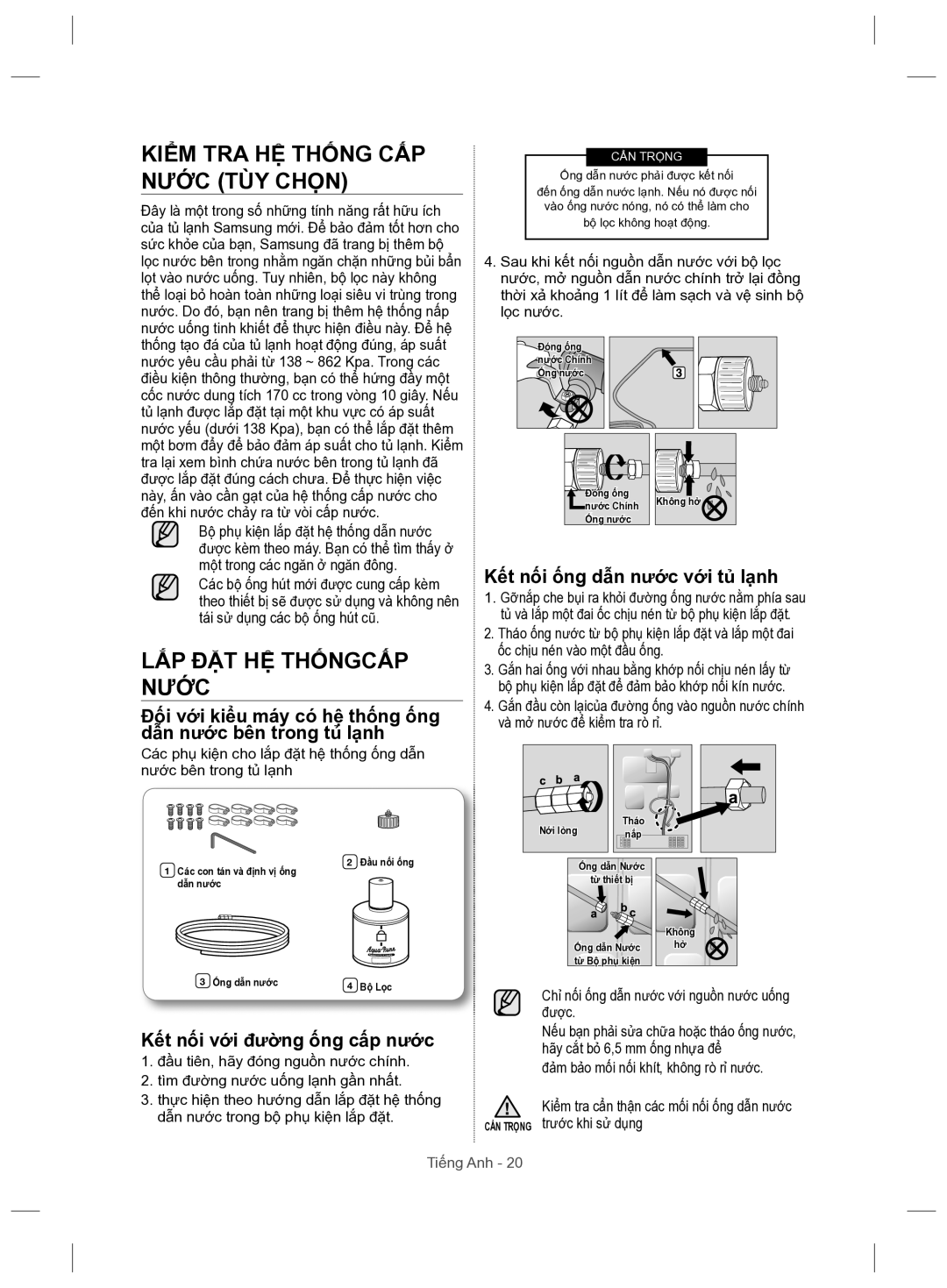 Samsung RSH5ZLMR1/XSV manual Kiểm TRA HỆ Thống CẤP Nước TÙY Chọn, LẮP ĐẶT HỆ Thốngcấp Nước, Kết nối với đường ống cấp nước 