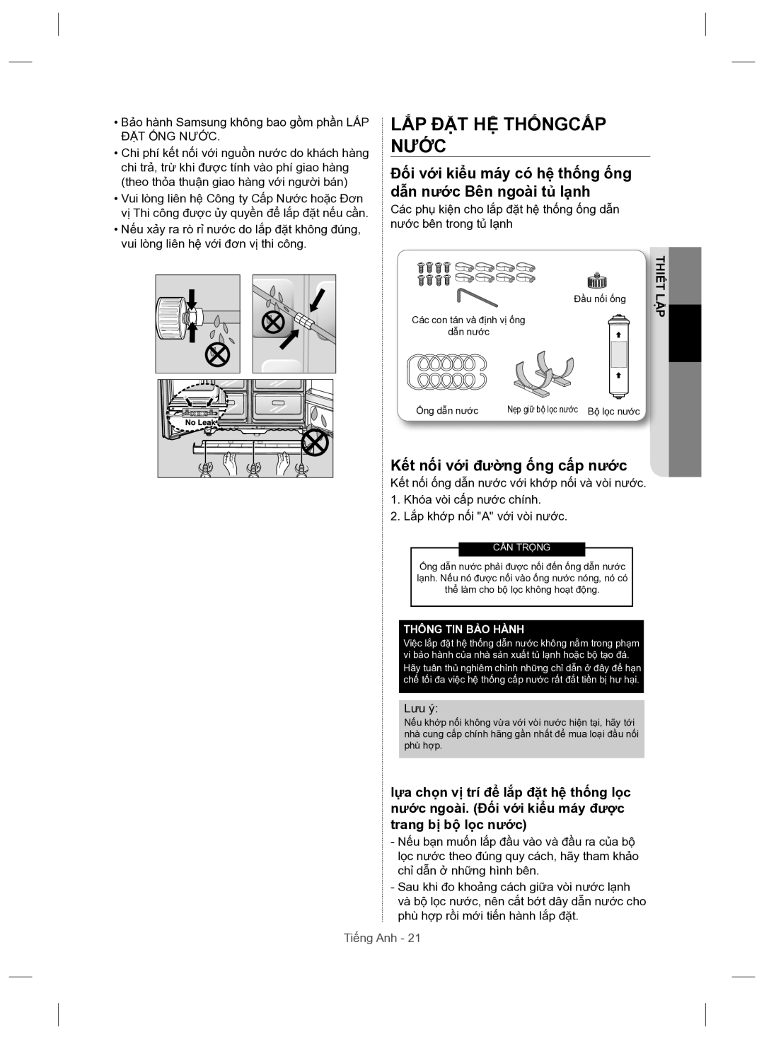 Samsung RSH5ZLMR1/XSV manual Đối với kiểu máy có hệ thống ống dẫn nước Bên ngoài tủ lạnh 