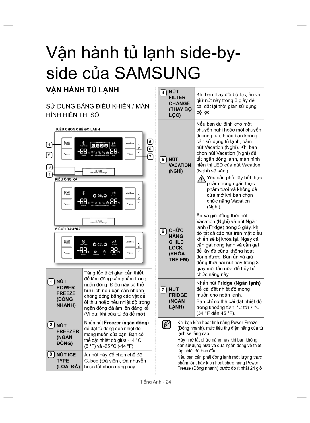 Samsung RSH5ZLMR1/XSV manual Vận hành tủ lạnh side-by- side của Samsung, VẬN Hành TỦ Lạnh 