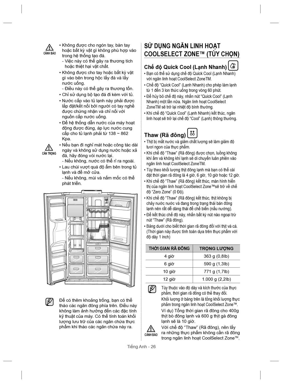 Samsung RSH5ZLMR1/XSV manual Chế độ Quick Cool Lạnh Nhanh, Thaw Rã đông, Thời Gian RÃ Đông Trọng Lượng 