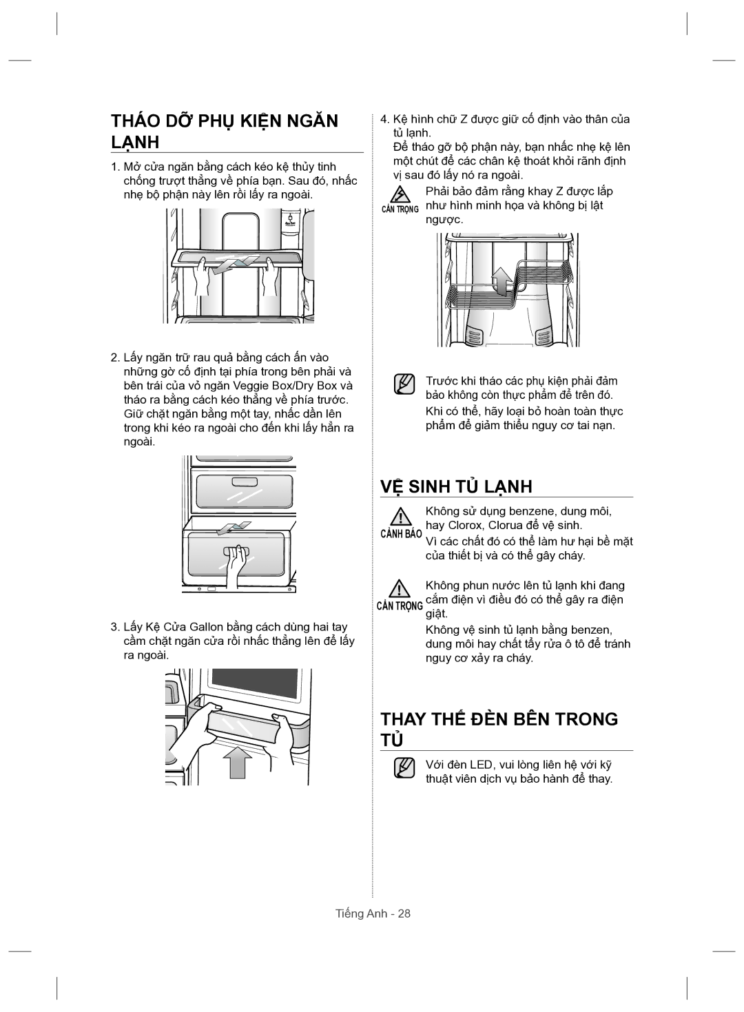 Samsung RSH5ZLMR1/XSV manual Tháo DỠ PHỤ Kiện Ngăn Lạnh, VỆ Sinh TỦ Lạnh, Thay THẾ ĐÈN BÊN Trong TỦ 