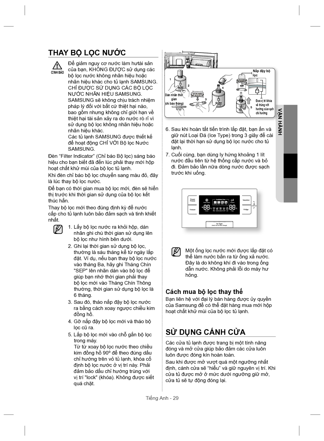 Samsung RSH5ZLMR1/XSV manual Thay BỘ LỌC Nước, SỬ Dụng Cánh CỬA, Cách mua bộ lọc thay thế 