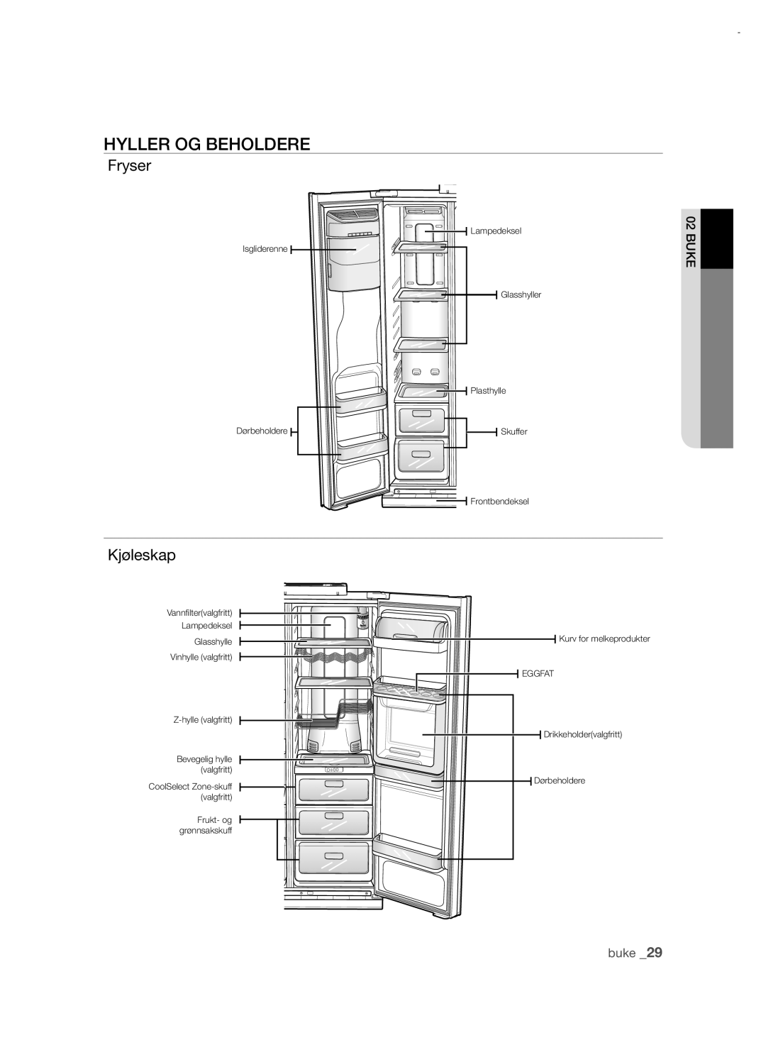 Samsung RSH7UNRS1/XEE, RSH7PNRS1/XEE manual Hyller OG Beholdere, Kjøleskap 