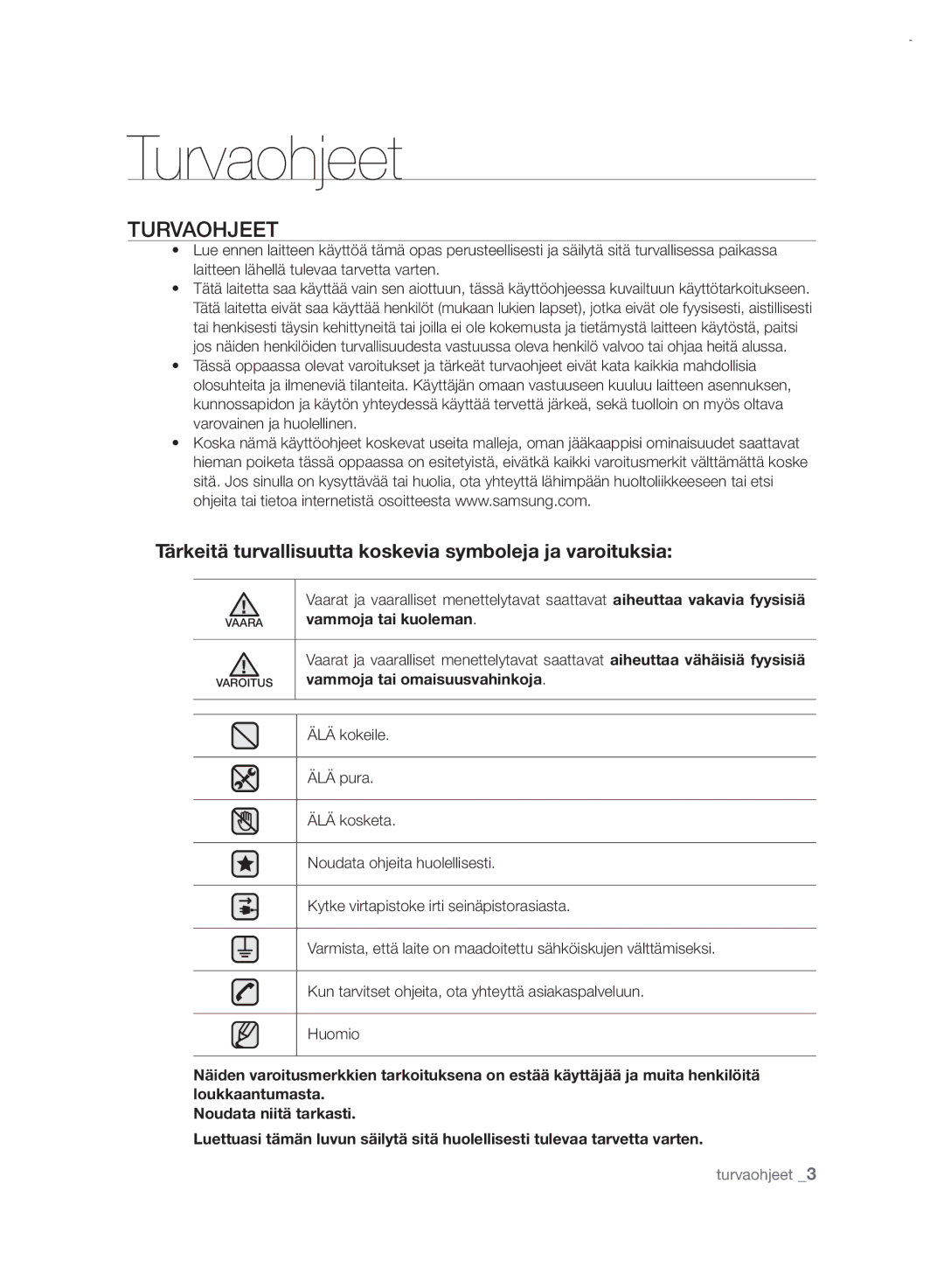 Samsung RSH7UNRS1/XEE, RSH7PNRS1/XEE manual Turvaohjeet, Vammoja tai kuoleman, Vammoja tai omaisuusvahinkoja 