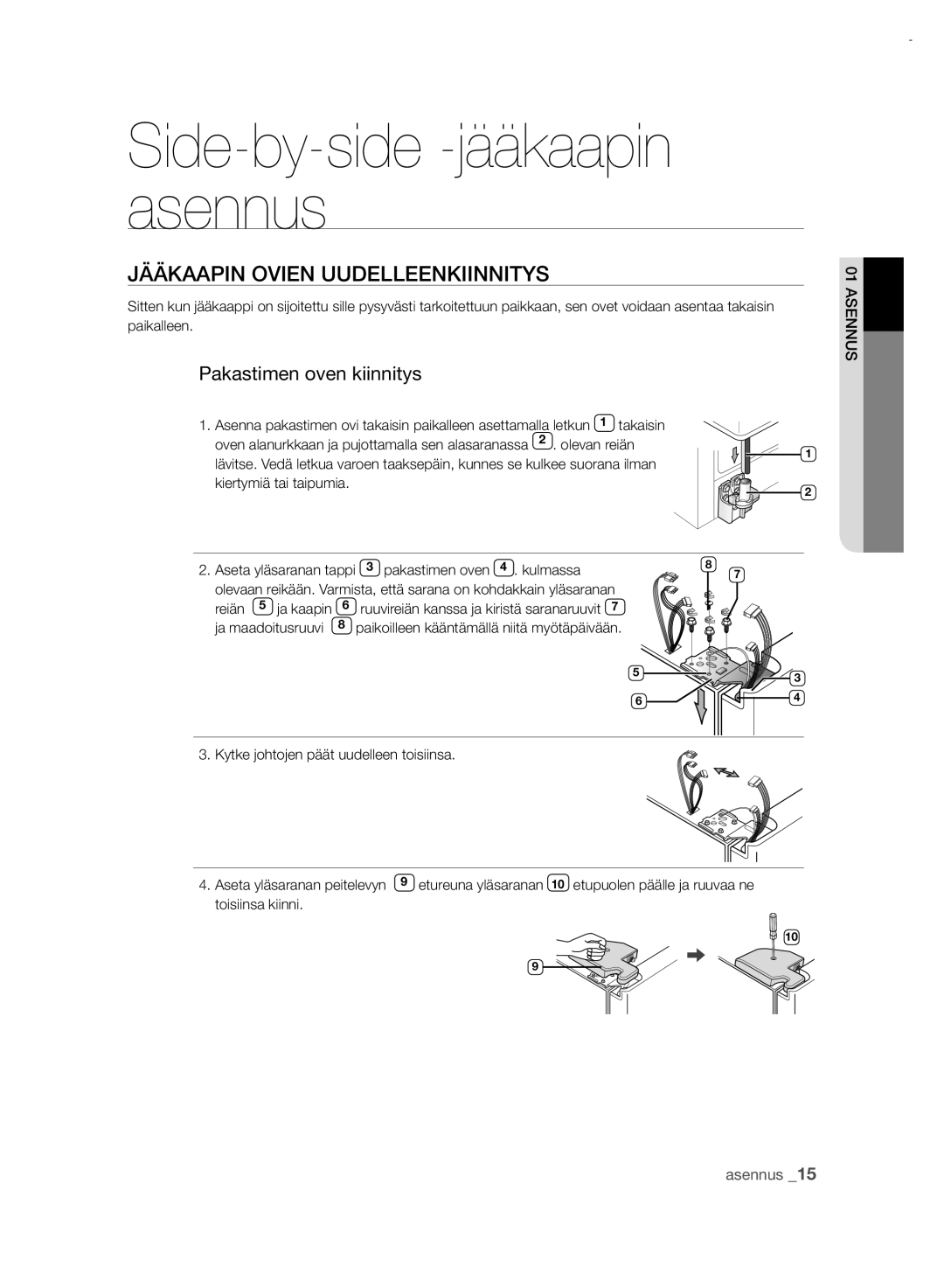 Samsung RSH7UNRS1/XEE, RSH7PNRS1/XEE manual Jääkaapin Ovien Uudelleenkiinnitys, Pakastimen oven kiinnitys, Reiän 5 ja kaapin 