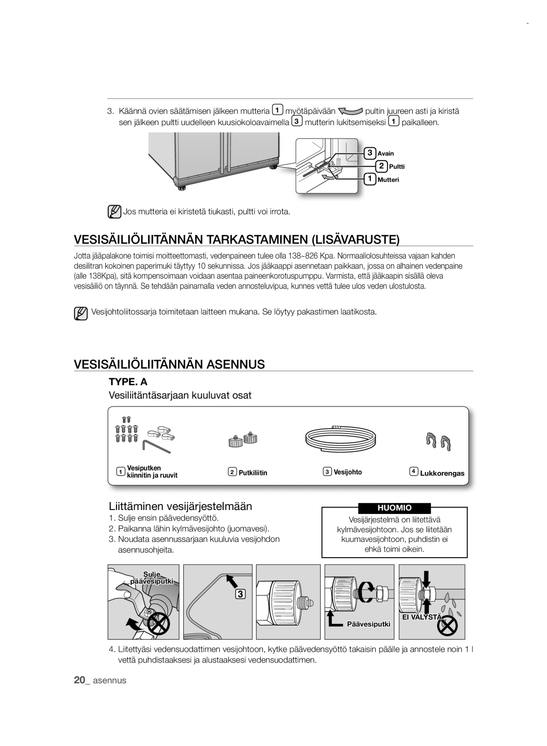 Samsung RSH7PNRS1/XEE, RSH7UNRS1/XEE manual Vesisäiliöliitännän Tarkastaminen Lisävaruste, Vesisäiliöliitännän Asennus 