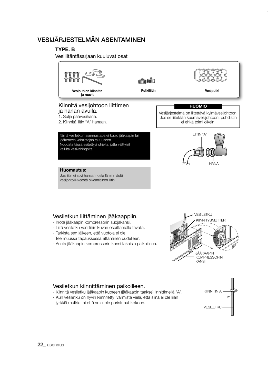 Samsung RSH7PNRS1/XEE manual Vesijärjestelmän Asentaminen, Kiinnitä vesijohtoon liittimen ja hanan avulla, Huomautus 