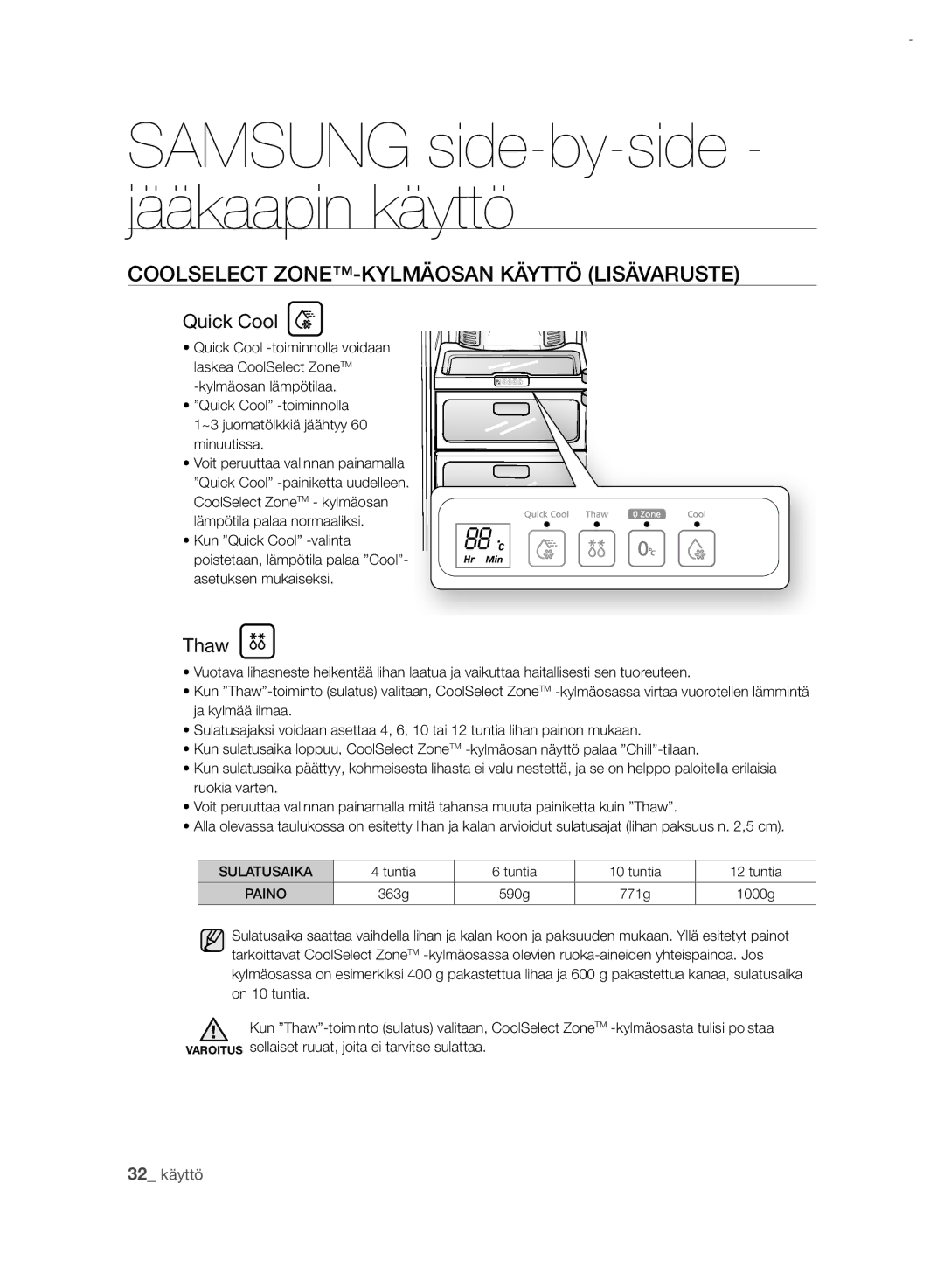 Samsung RSH7PNRS1/XEE, RSH7UNRS1/XEE manual Coolselect ZONE-KYLMÄOSAN Käyttö Lisävaruste, Tuntia 