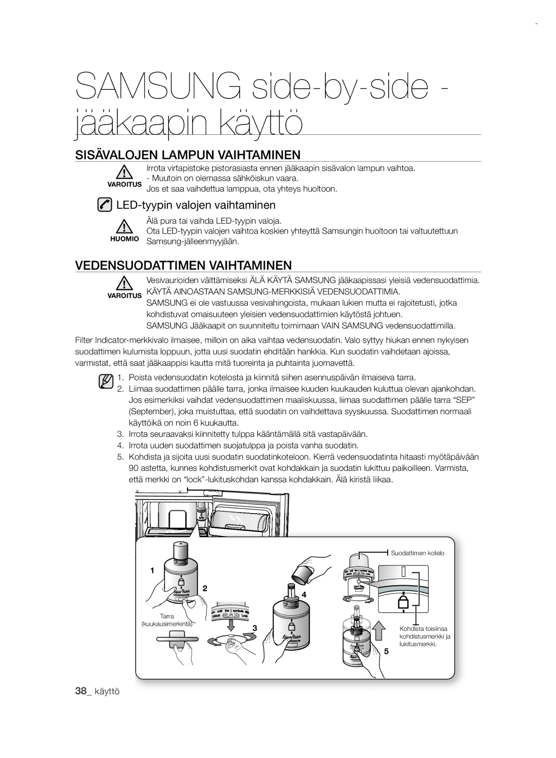 Samsung RSH7PNRS1/XEE manual Sisävalojen Lampun Vaihtaminen, Vedensuodattimen Vaihtaminen, LeD-tyypin valojen vaihtaminen 