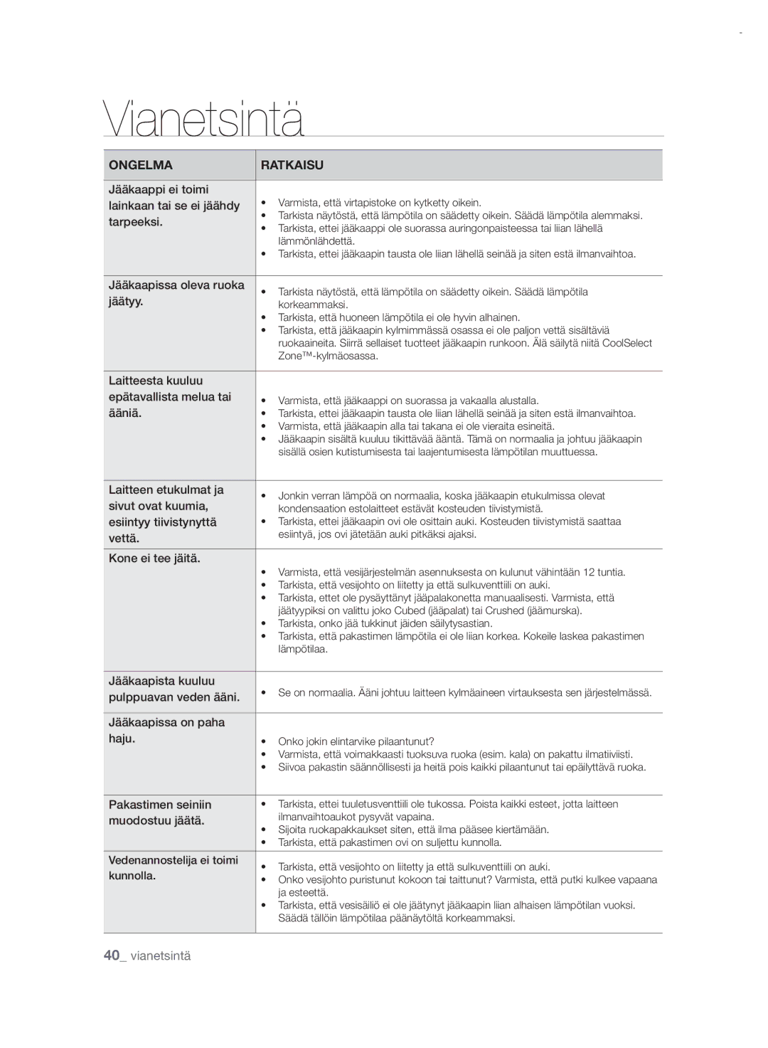 Samsung RSH7PNRS1/XEE, RSH7UNRS1/XEE manual Vianetsintä 