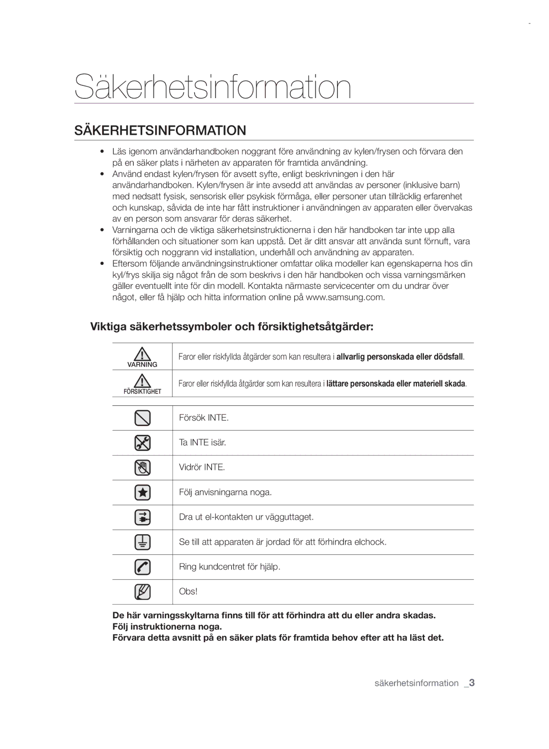 Samsung RSH7UNRS1/XEE, RSH7PNRS1/XEE manual Säkerhetsinformation 