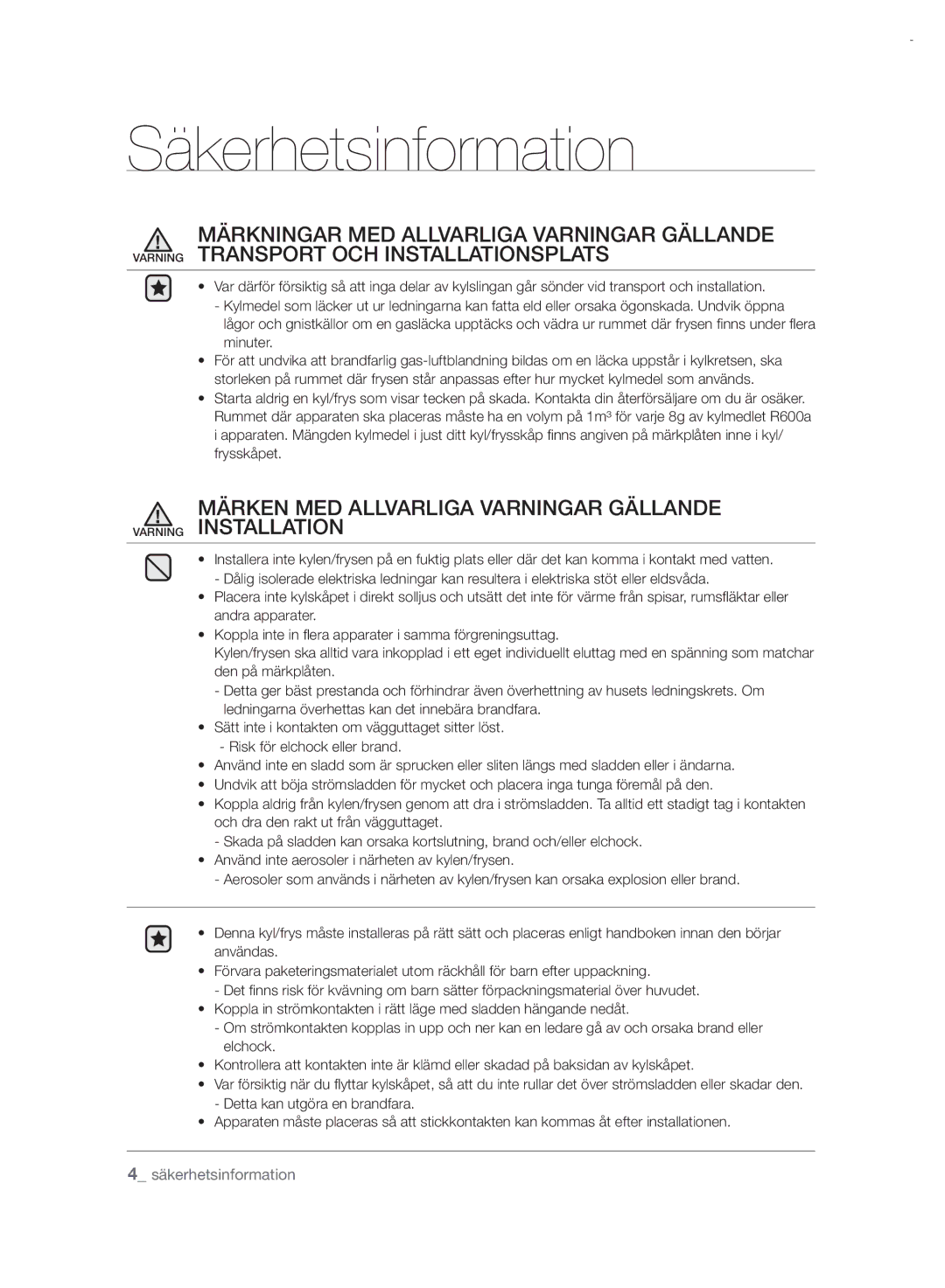 Samsung RSH7PNRS1/XEE, RSH7UNRS1/XEE manual Säkerhetsinformation 