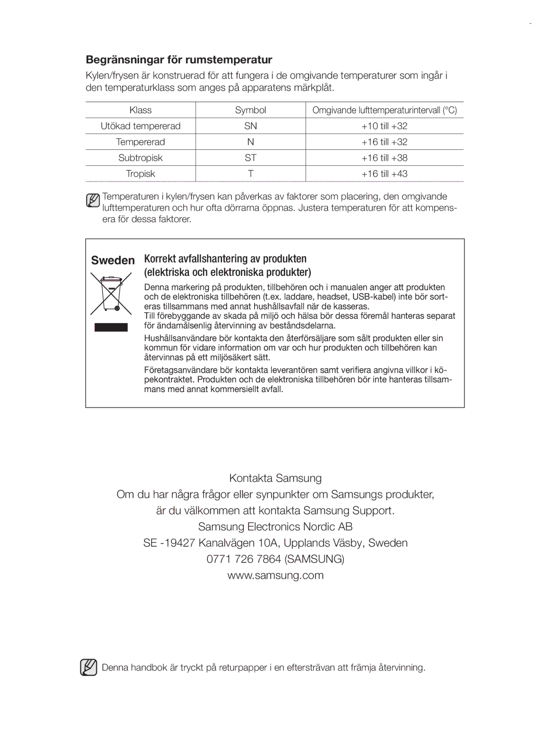 Samsung RSH7PNRS1/XEE, RSH7UNRS1/XEE manual Begränsningar för rumstemperatur, Tropisk 