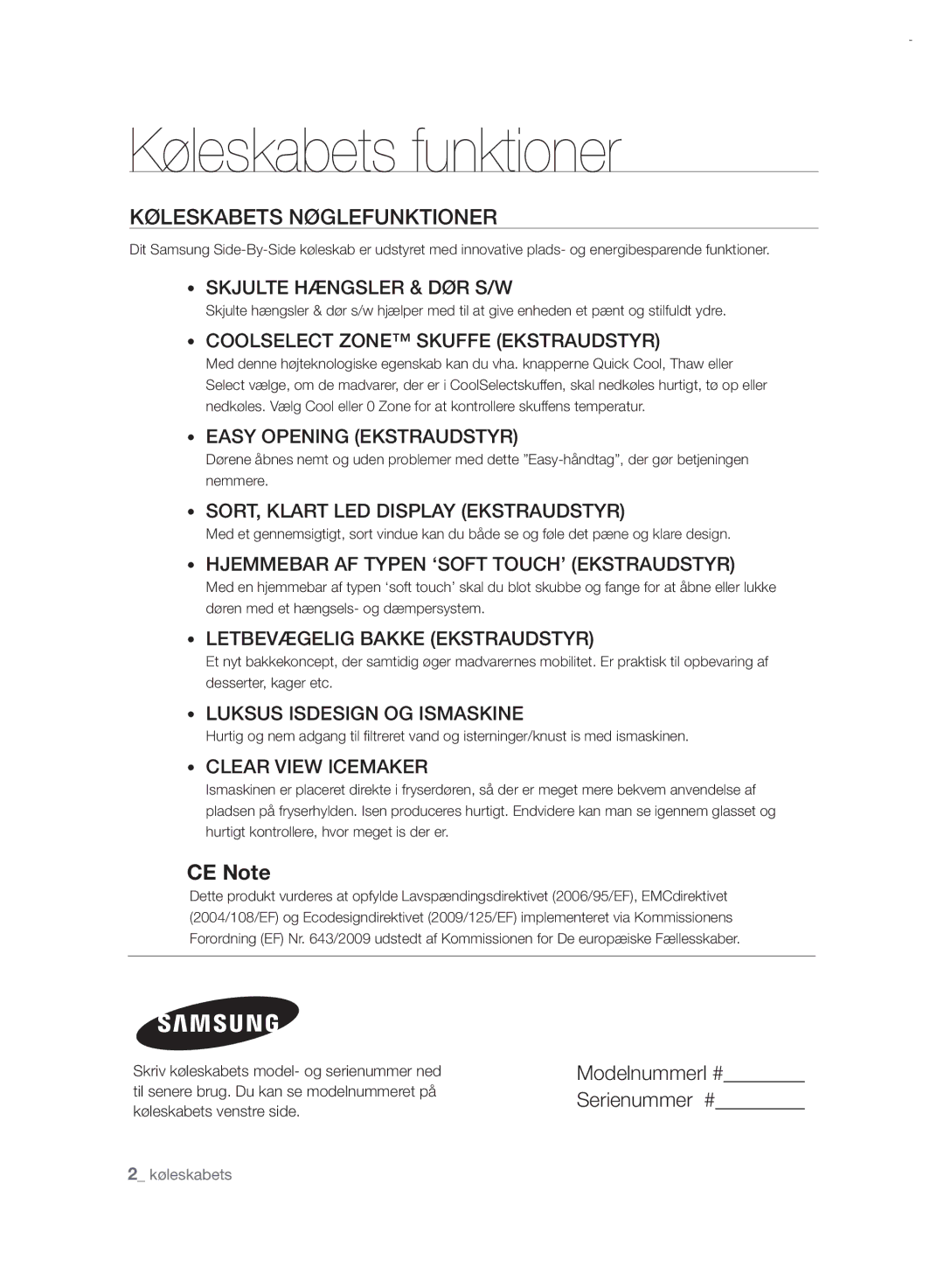 Samsung RSH7PNRS1/XEE, RSH7UNRS1/XEE manual Køleskabets funktioner, Køleskabets Nøglefunktioner 