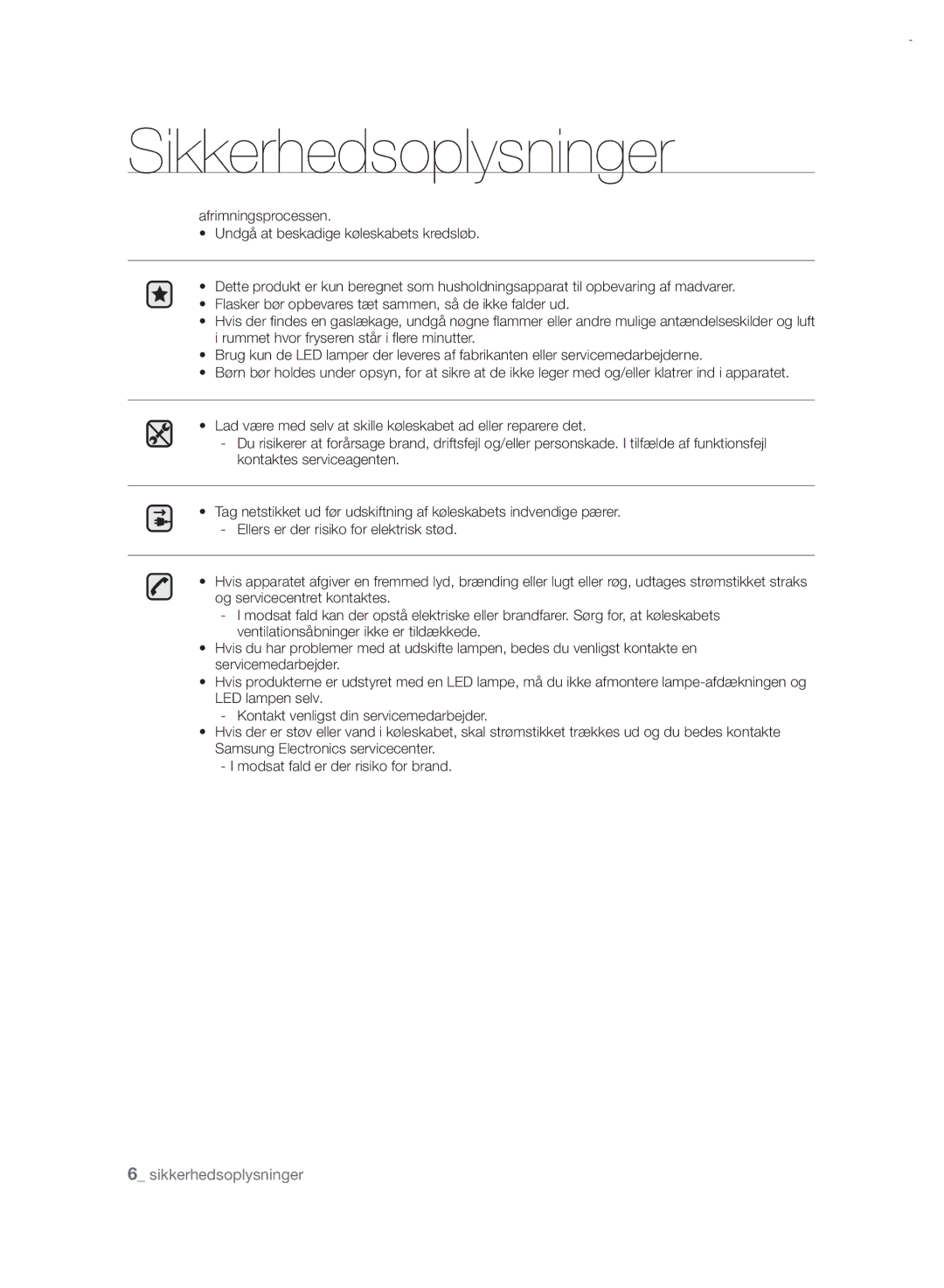 Samsung RSH7PNRS1/XEE, RSH7UNRS1/XEE manual Sikkerhedsoplysninger 