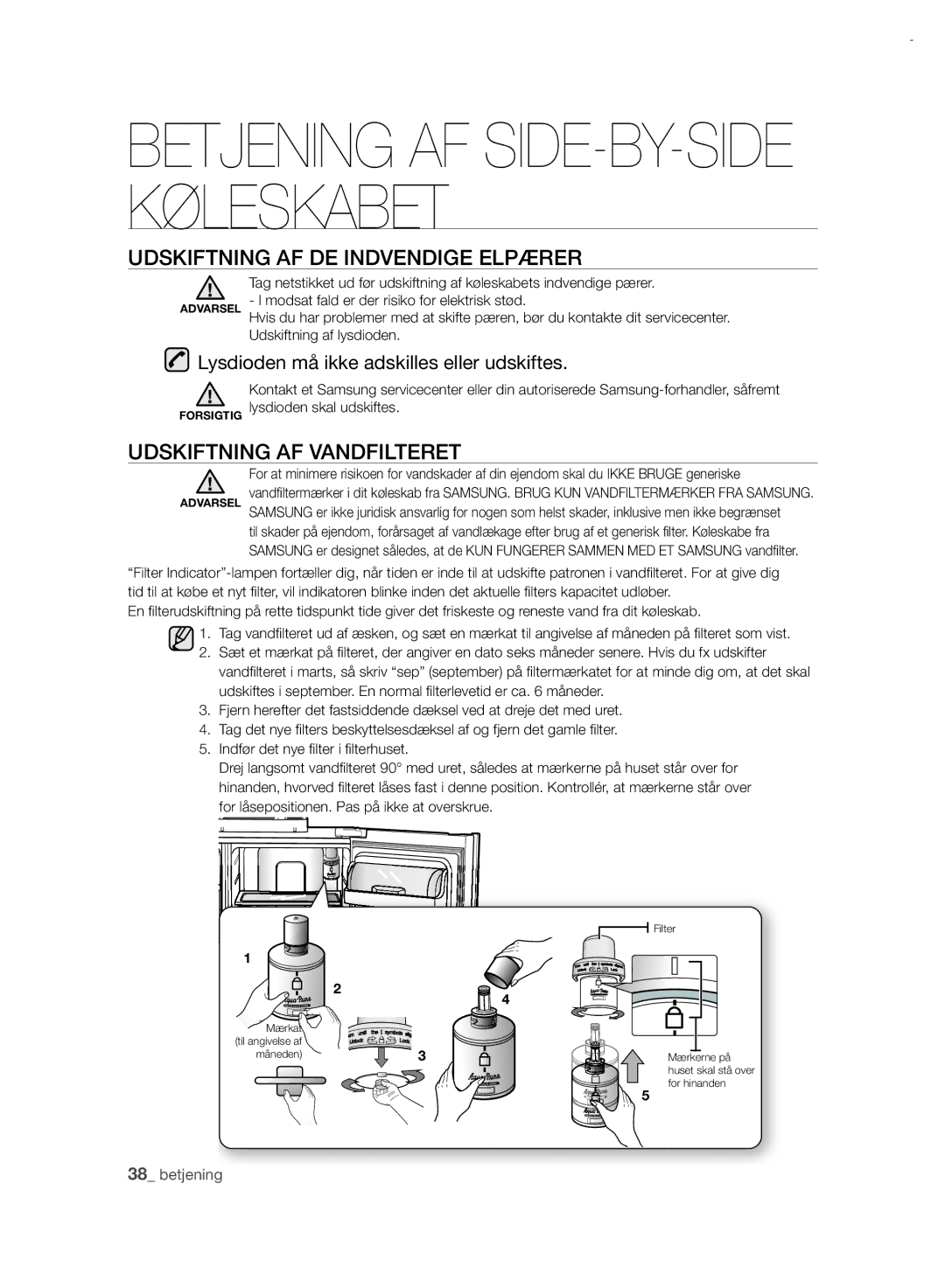 Samsung RSH7PNRS1/XEE, RSH7UNRS1/XEE manual Udskiftning AF DE Indvendige Elpærer, Udskiftning AF Vandfilteret 