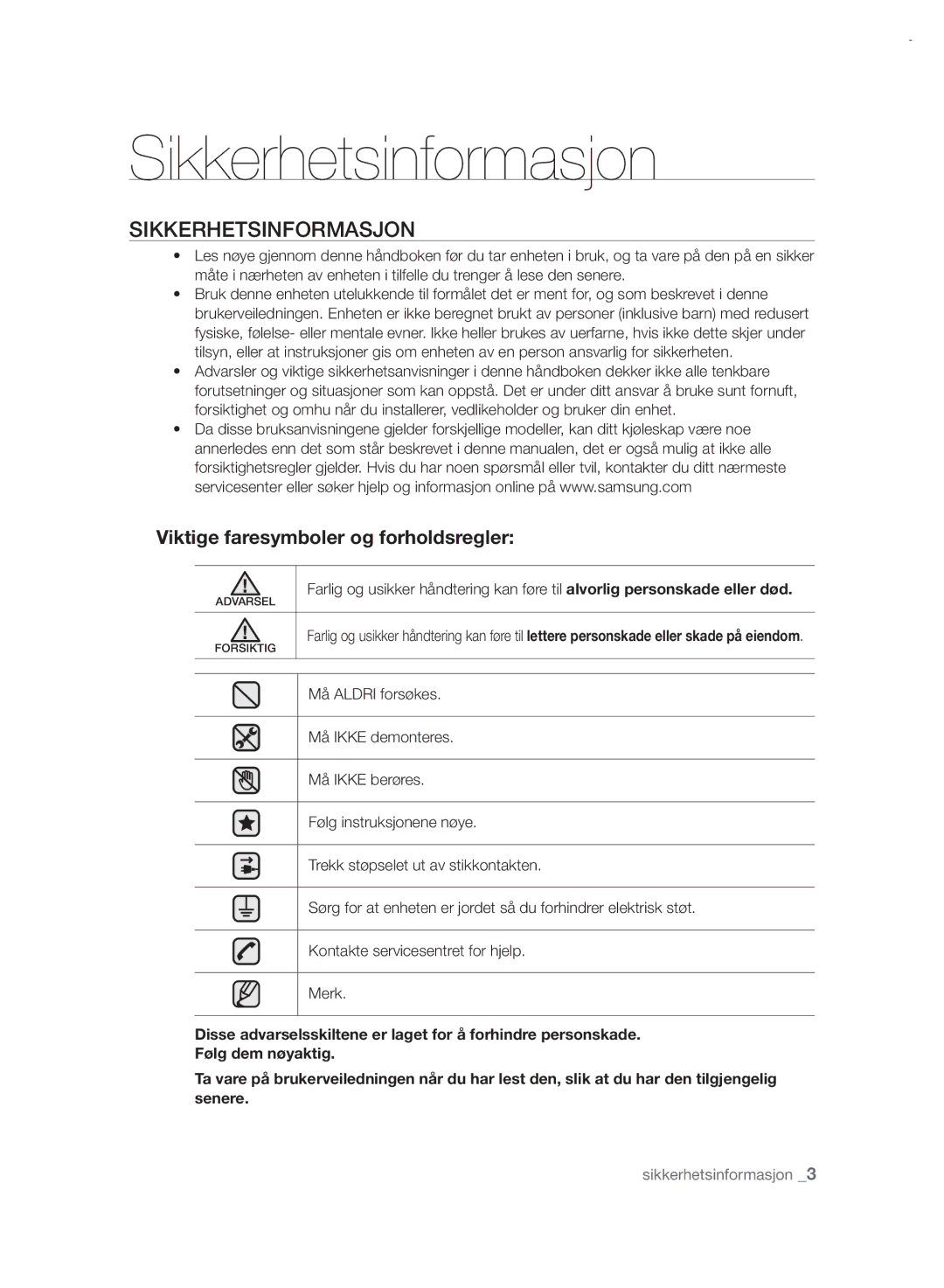 Samsung RSH7UNRS1/XEE, RSH7PNRS1/XEE manual Sikkerhetsinformasjon 