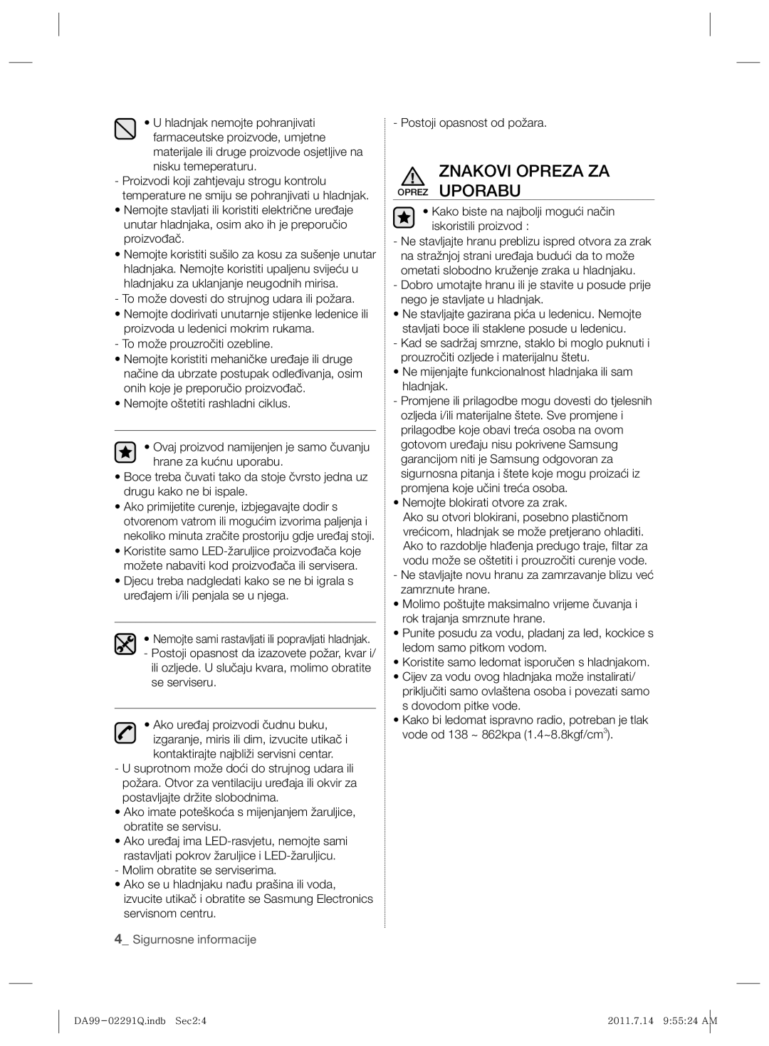 Samsung RSH7UNBP1/XEO manual Znakovi Opreza ZA Oprez Uporabu 