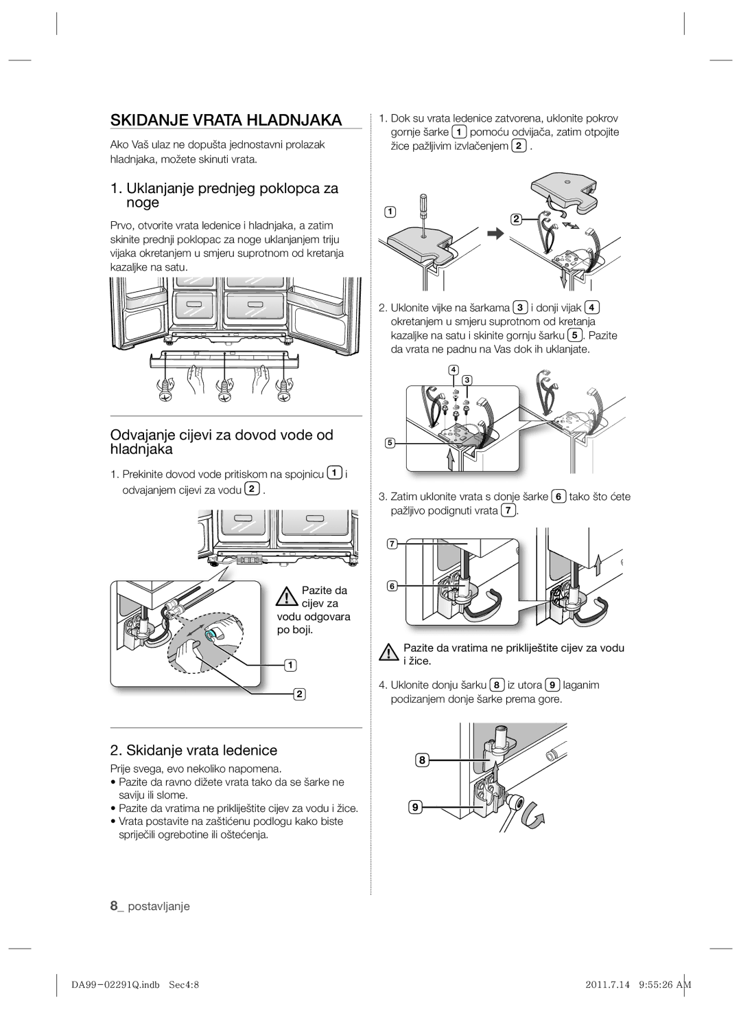 Samsung RSH7UNBP1/XEO manual Skidanje Vrata Hladnjaka, Uklanjanje prednjeg poklopca za noge, Skidanje vrata ledenice 