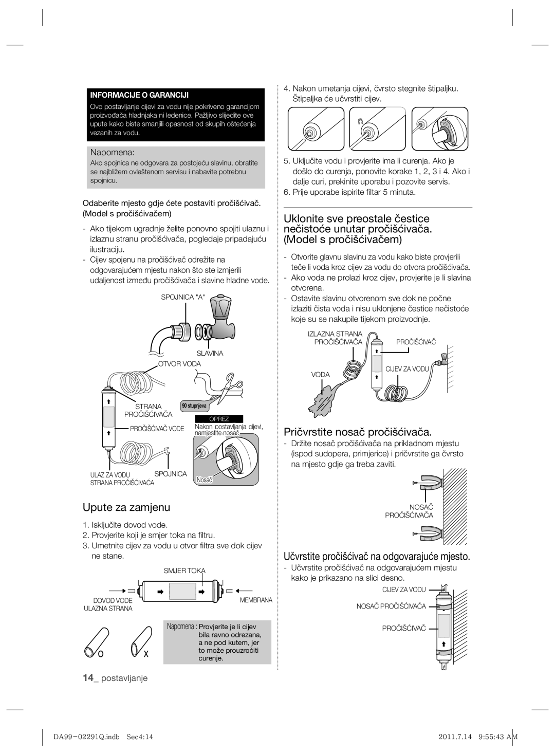 Samsung RSH7UNBP1/XEO manual Pričvrstite nosač pročišćivača, Upute za zamjenu, Učvrstite pročišćivač na odgovarajuće mjesto 