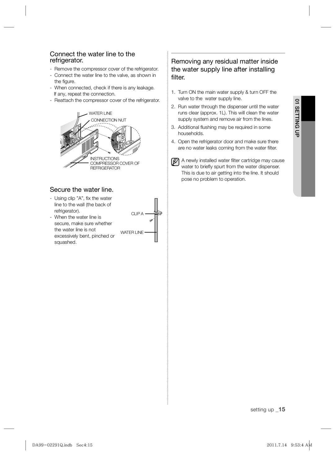 Samsung RSH7UNBP1/XEO manual Connect the water line to the refrigerator, Secure the water line 