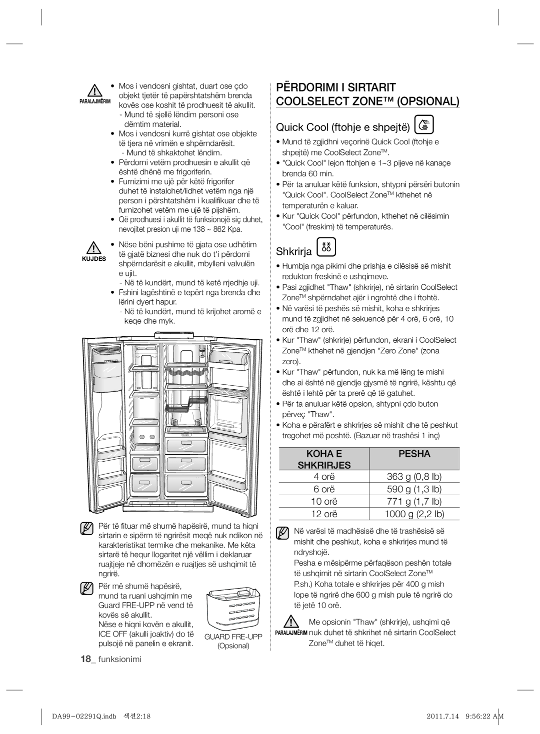 Samsung RSH7UNBP1/XEO Përdorimi I Sirtarit Coolselect Zone Opsional, Quick Cool ftohje e shpejtë, Shkrirja, Koha E Pesha 