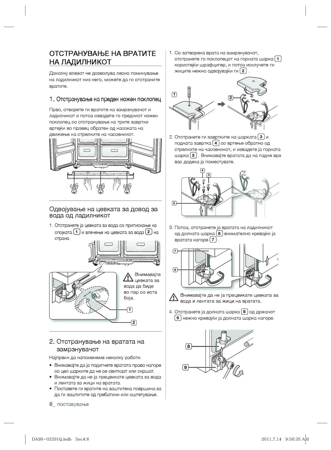 Samsung RSH7UNBP1/XEO manual Отстранување НА Вратите НА Ладилникот, Одвојување на цевката за довод за вода од ладилникот 