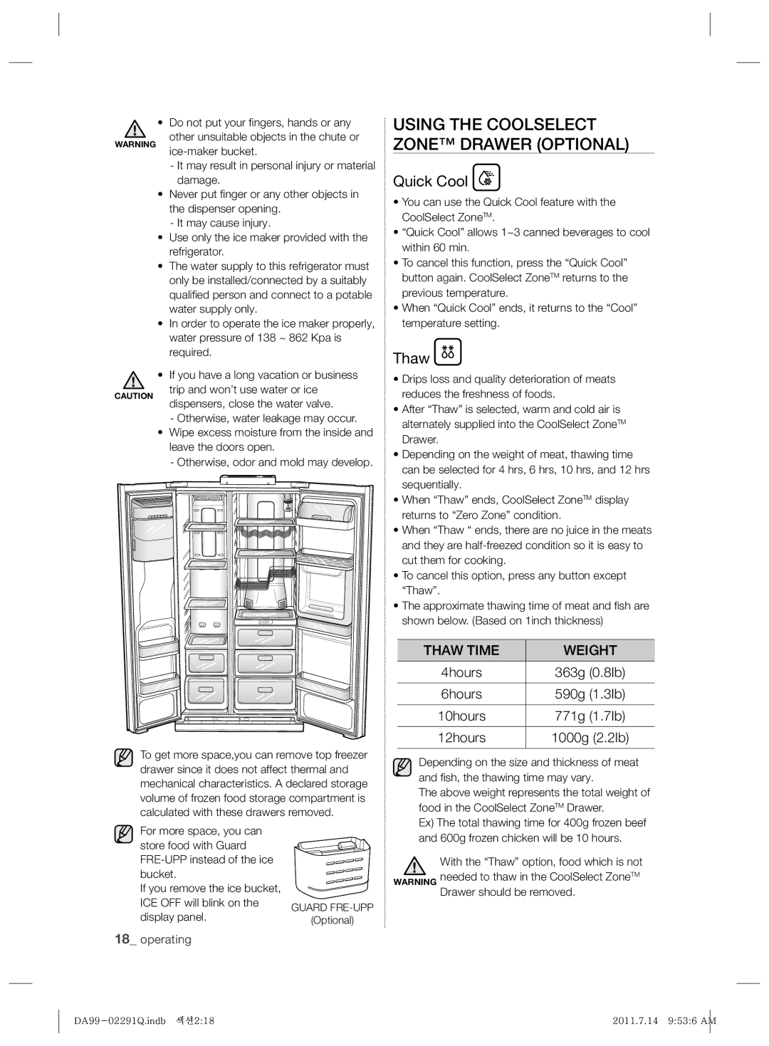 Samsung RSH7UNBP1/XEO manual Using the Coolselect Zone Drawer Optional, Quick Cool, Thaw Time Weight 