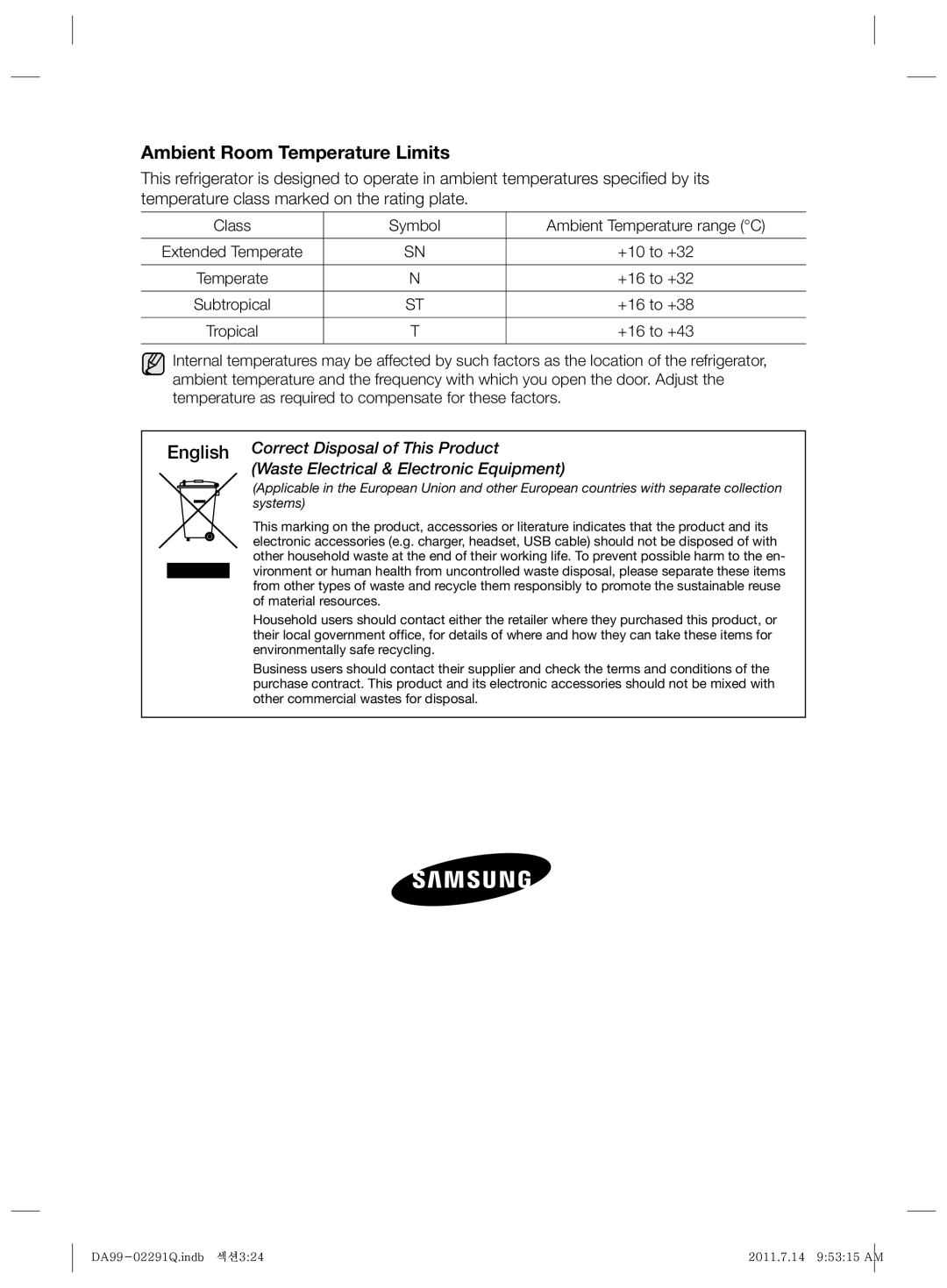 Samsung RSH7UNBP1/XEO manual Ambient Room Temperature Limits 