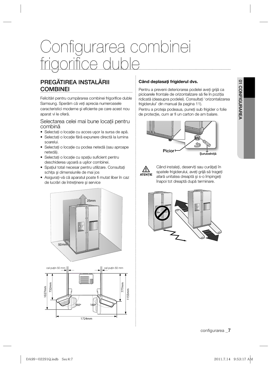 Samsung RSH7UNBP1/XEO manual Pregătirea Instalării Combinei, Selectarea celei mai bune locaţii pentru combină, Configurarea 