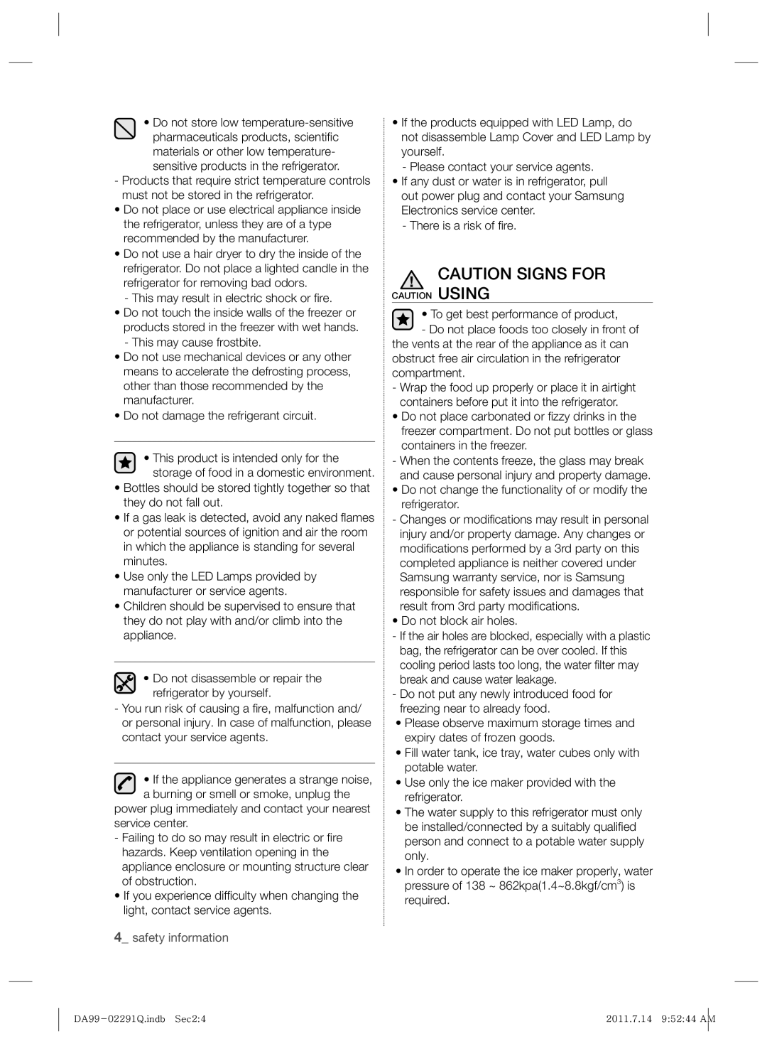 Samsung RSH7UNBP1/XEO manual This may result in electric shock or ﬁ re 