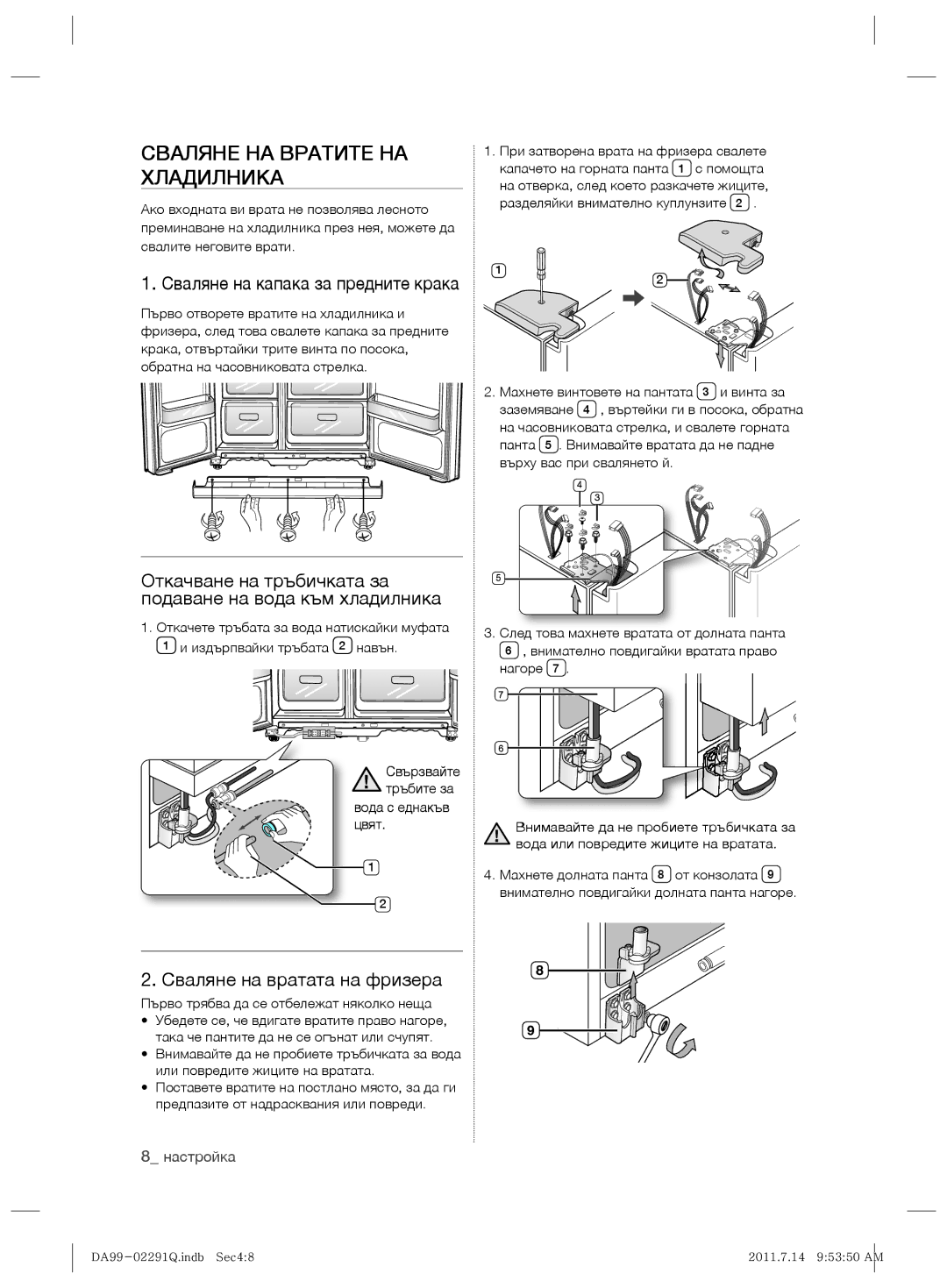 Samsung RSH7UNBP1/XEO manual Сваляне НА Вратите НА Хладилника, Откачване на тръбичката за подаване на вода към хладилника 