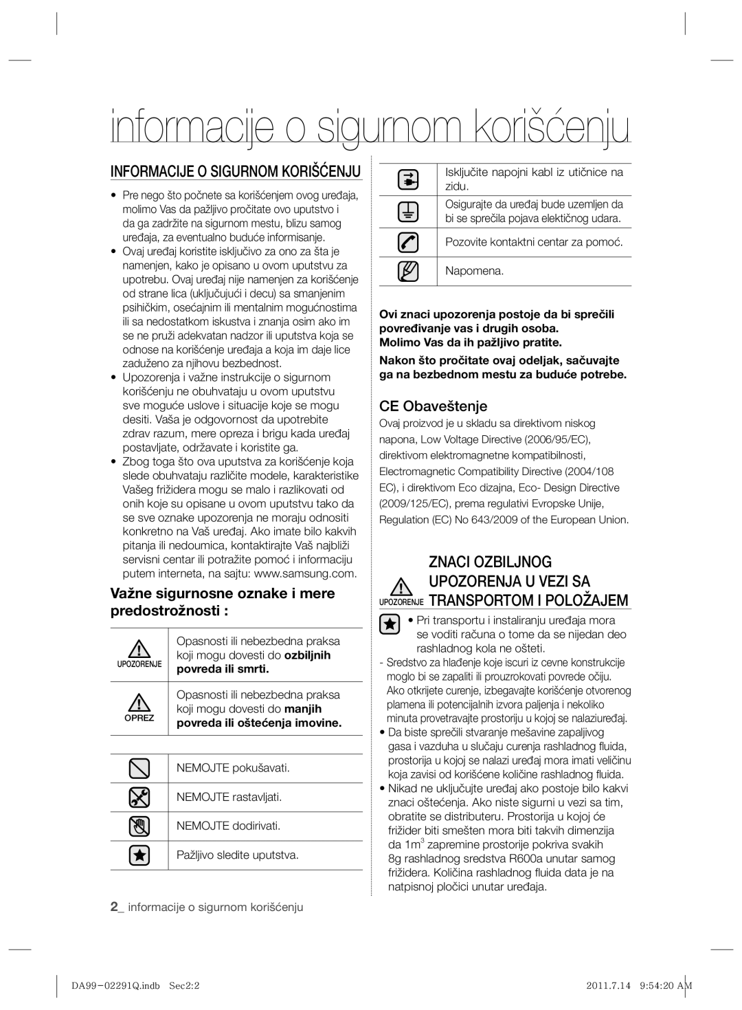 Samsung RSH7UNBP1/XEO Upozorenje Transportom I Položajem, Važne sigurnosne oznake i mere predostrožnosti, CE Obaveštenje 