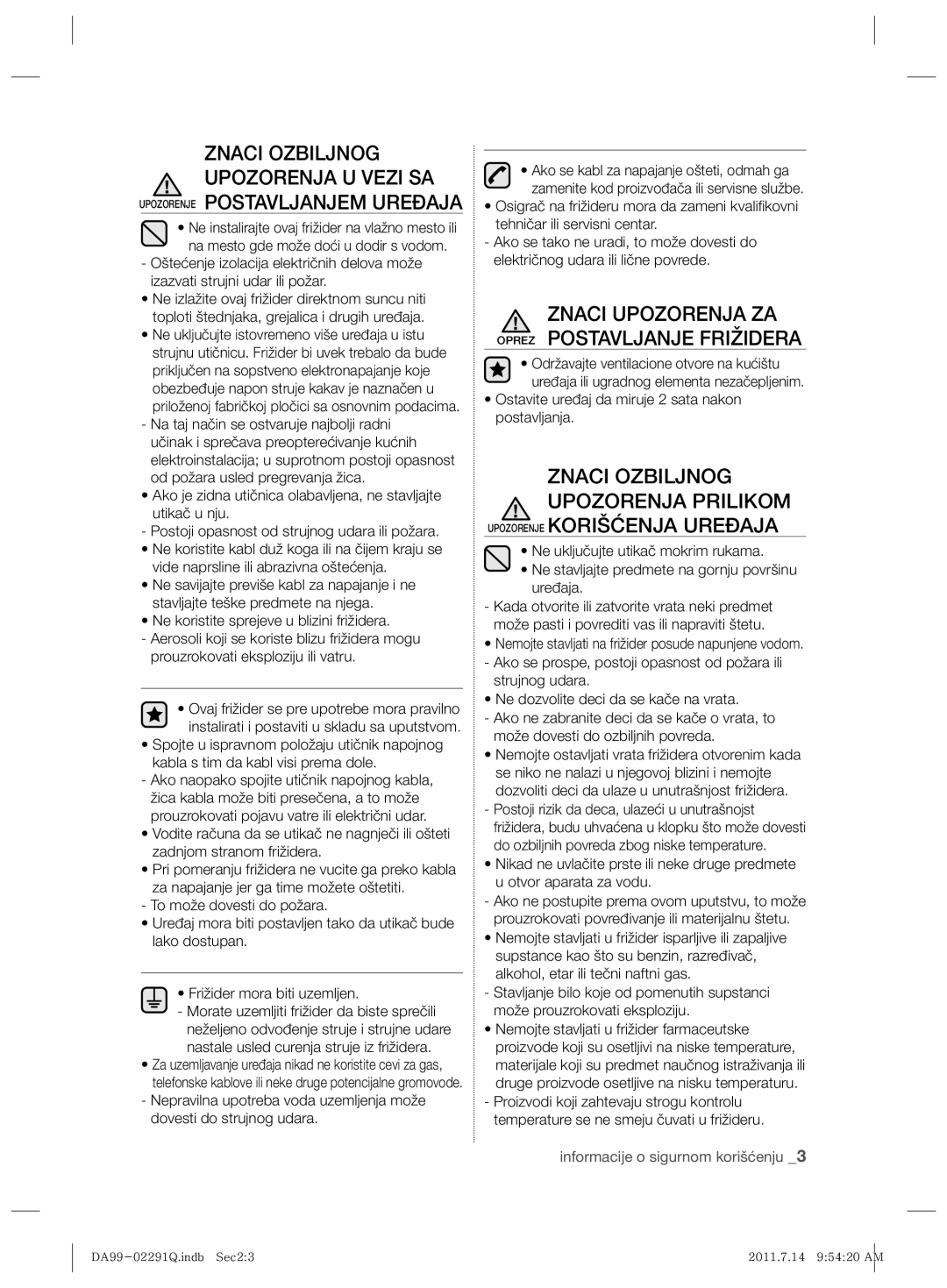 Samsung RSH7UNBP1/XEO manual Znaci Upozorenja ZA Oprez Postavljanje Frižidera 